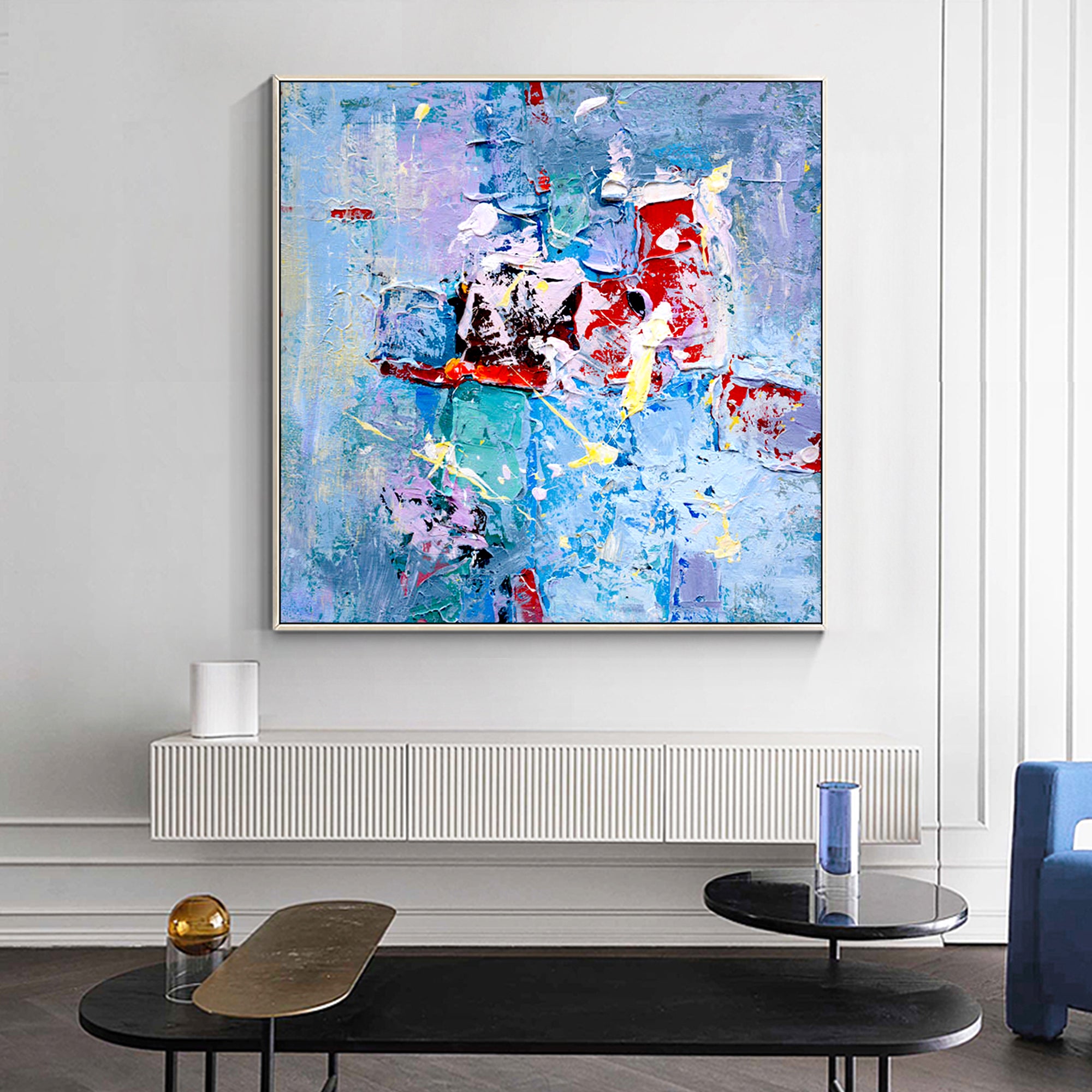 Abstract painting with colorful textures. Square wall art for modern interior decor, adding vibrancy and energy to living rooms, bedrooms, and offices.