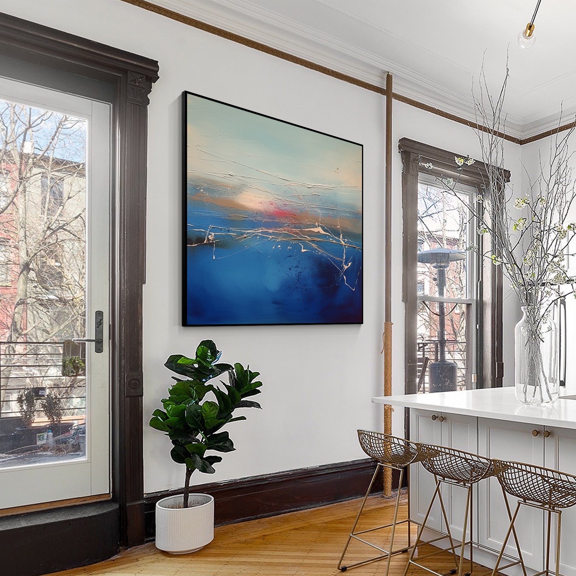 Blue abstract painting with textured sunrise over the ocean. Square wall art for living rooms, bedrooms, and coastal decor.
