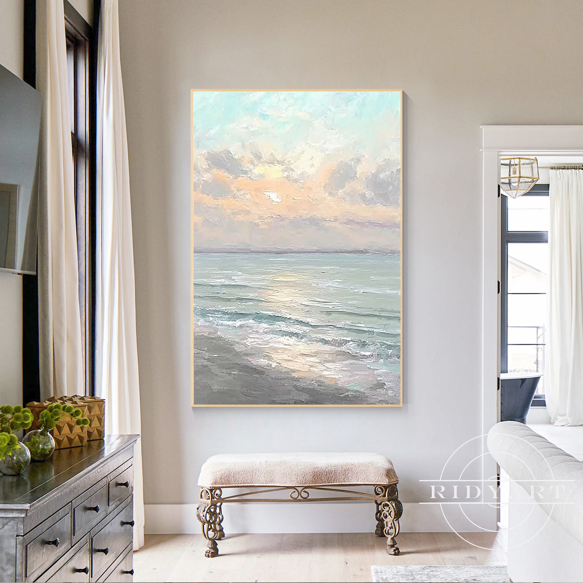 Blue grey ocean wall art coastal abstract painting for home
