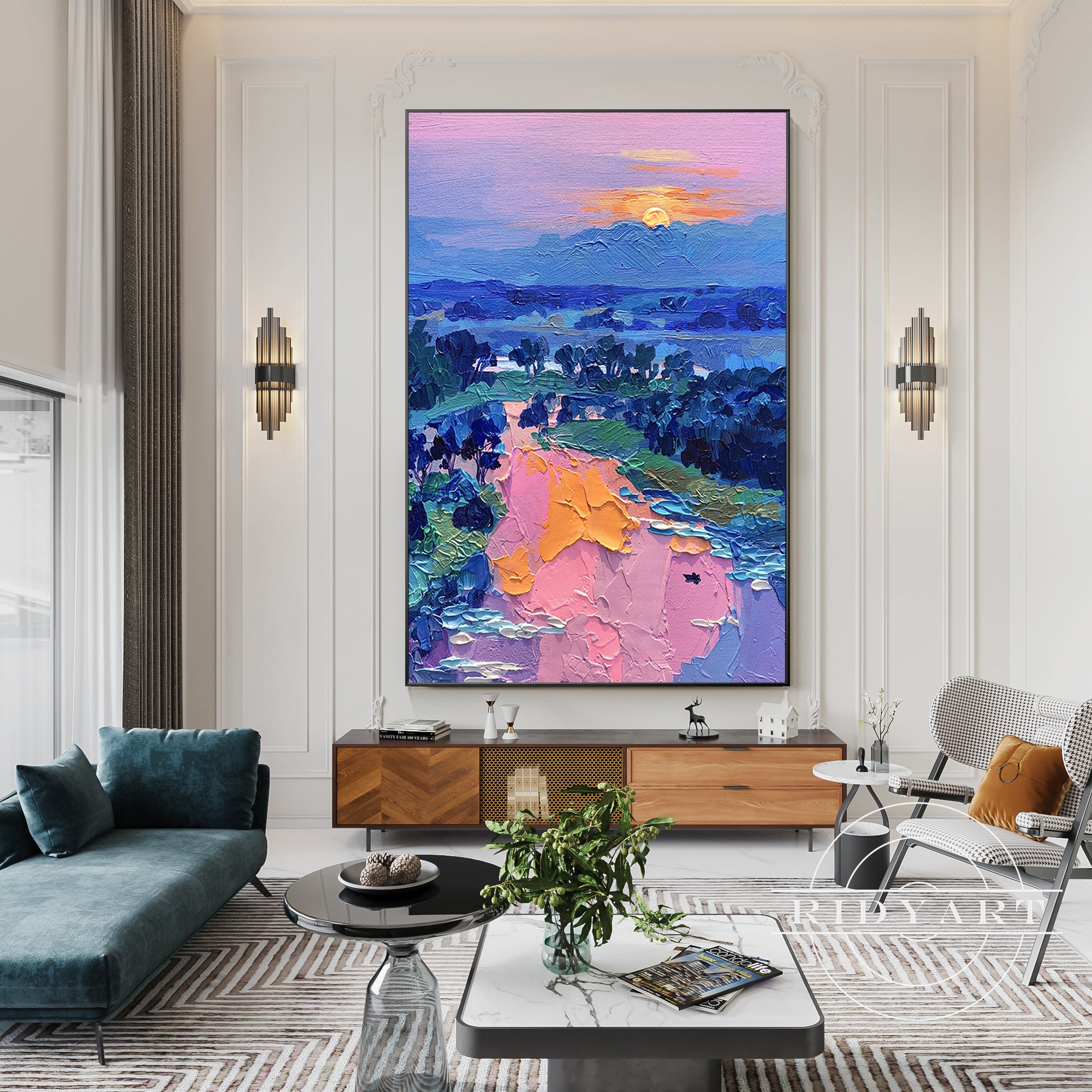 Abstract nature-inspired sunrise painting for home decor.