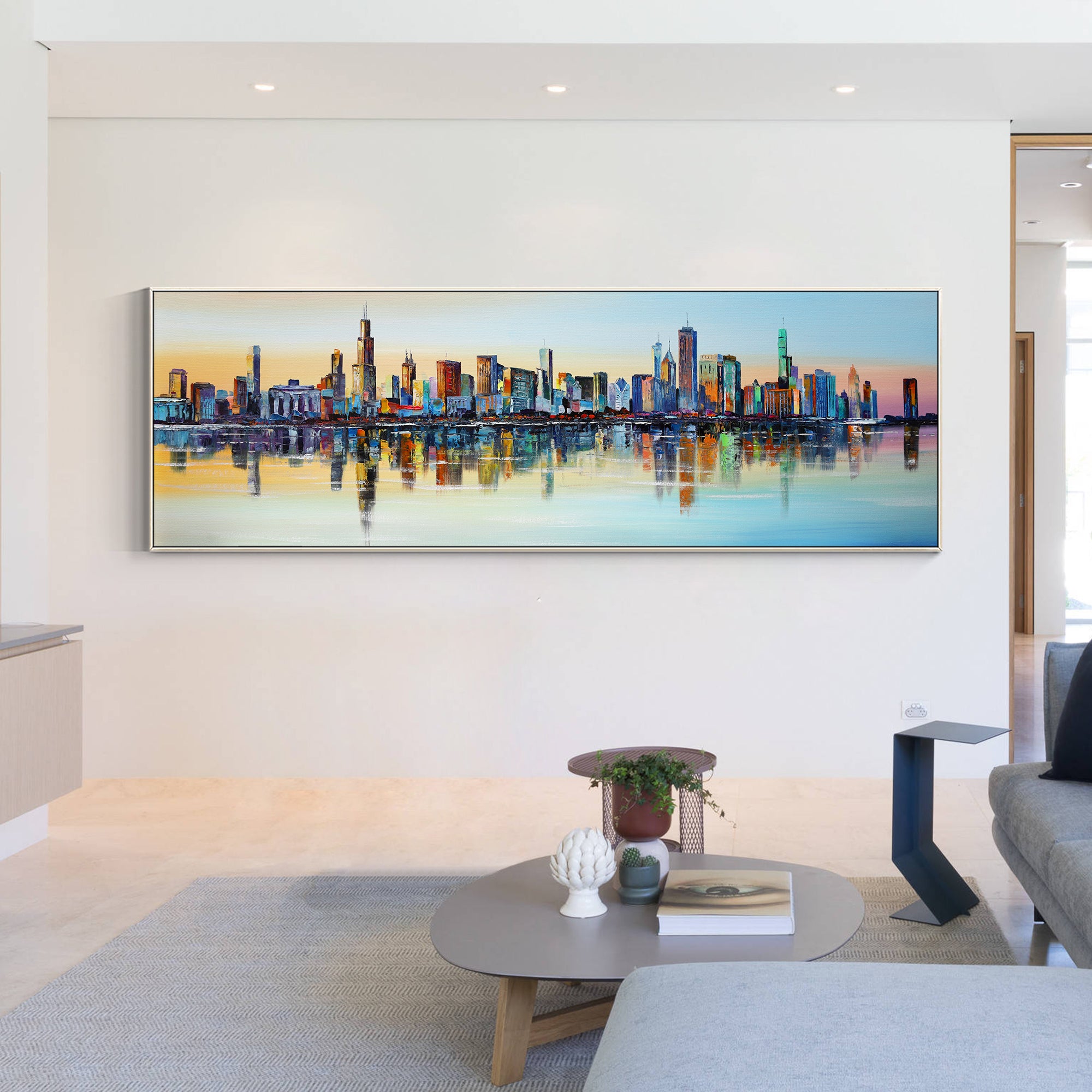 Colorful abstract Chicago skyline wall art with textured details.