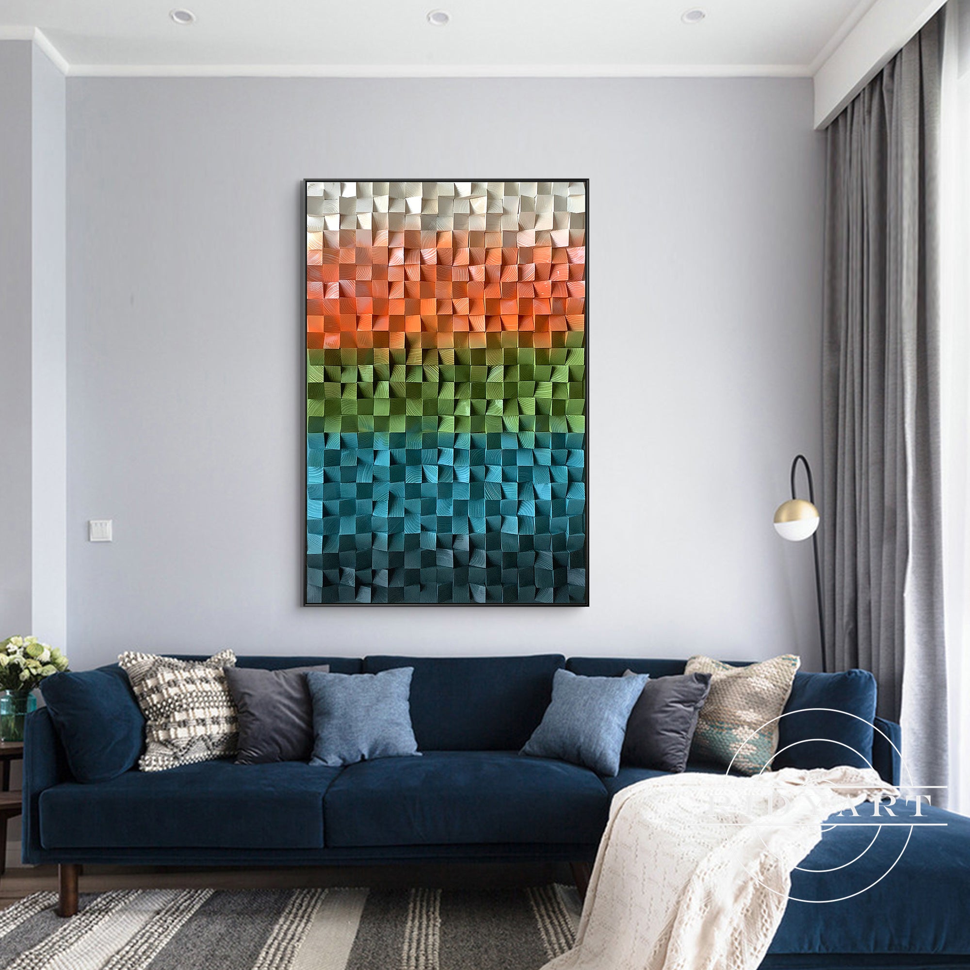 Colorful wood mosaic wall sculpture for dopamine home decor