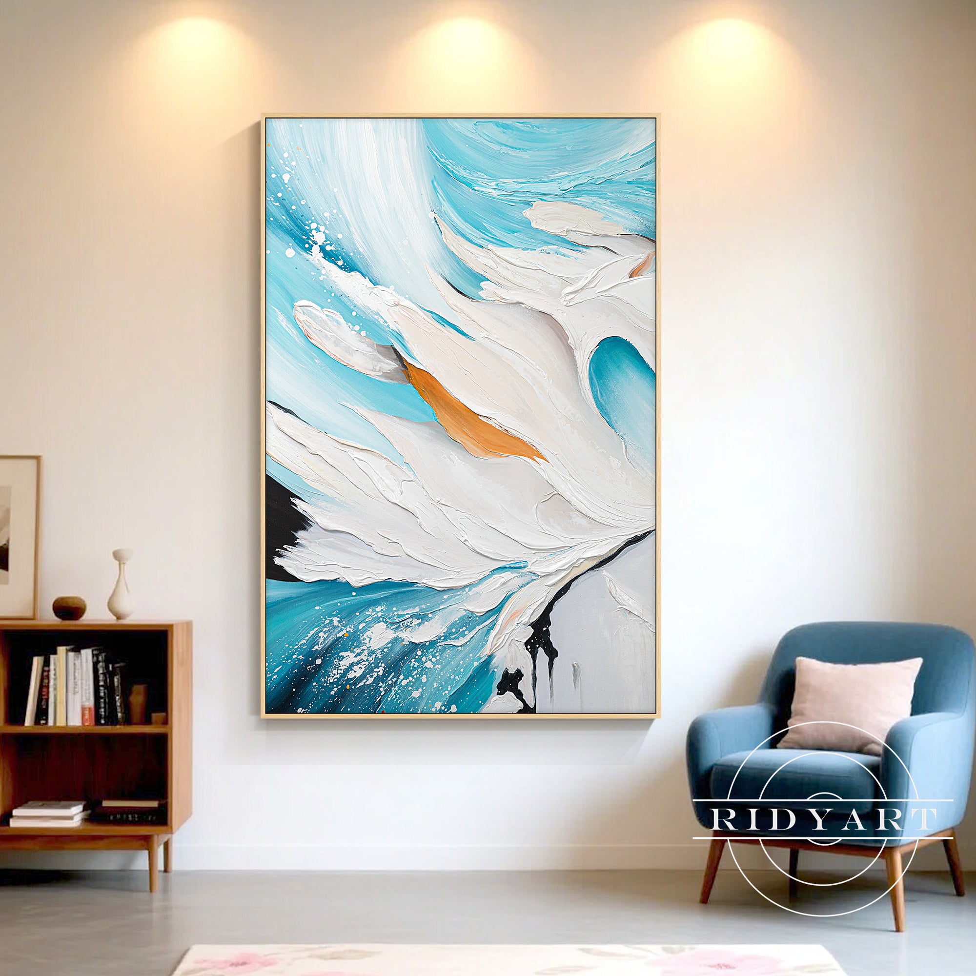 Large teal and beige wall art for modern living room decor