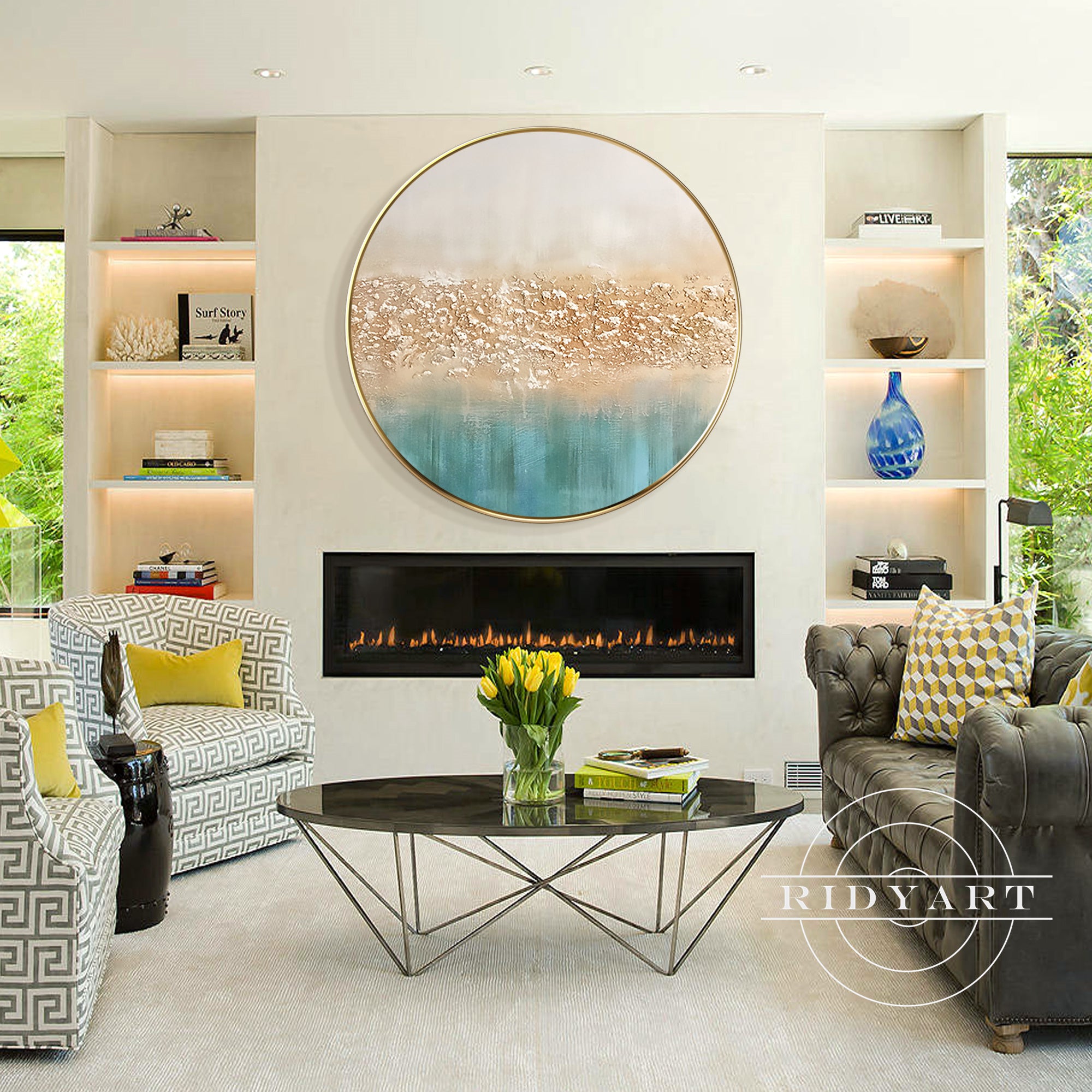 Teal and beige circular abstract painting