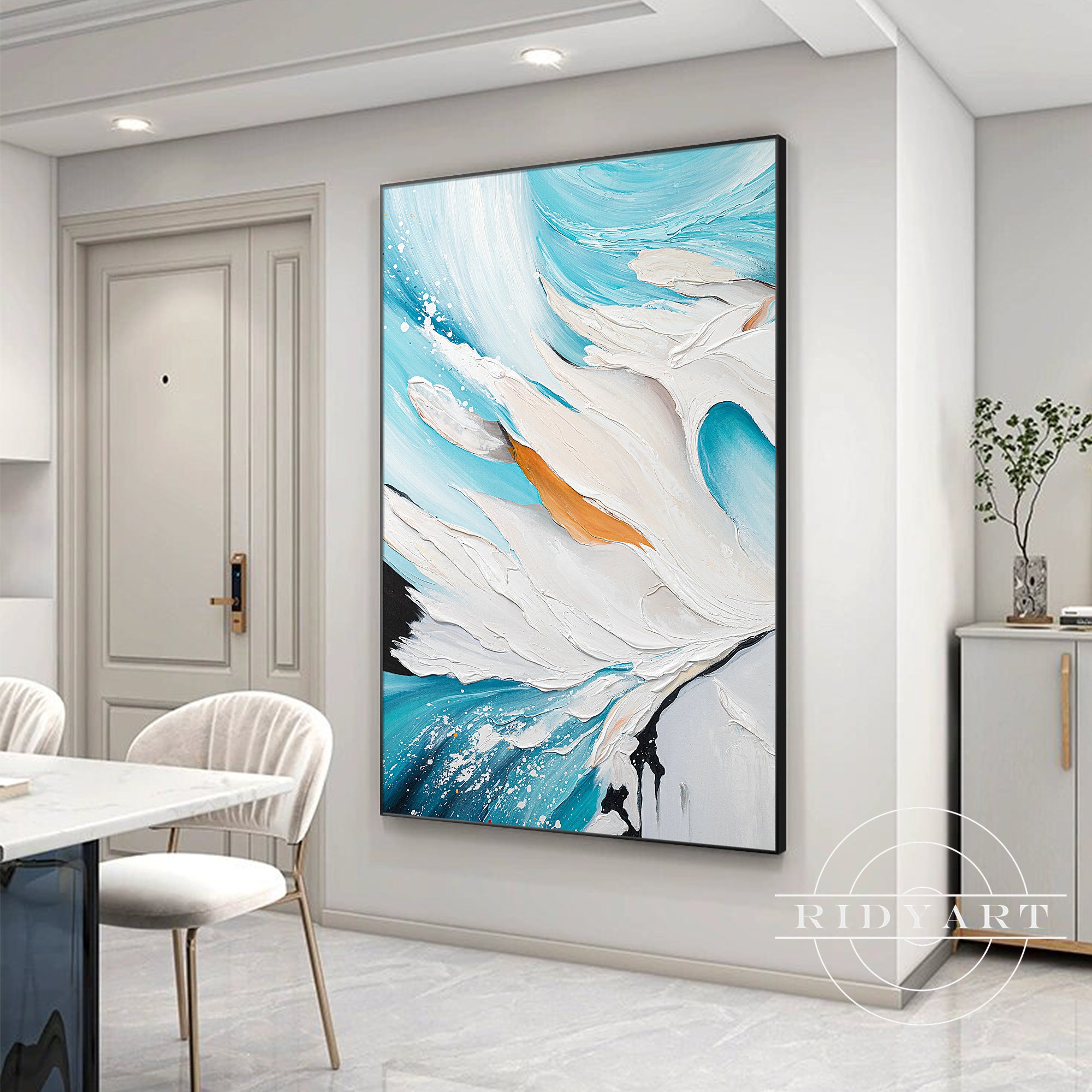 Beige and teal 3D textured contemporary wall art