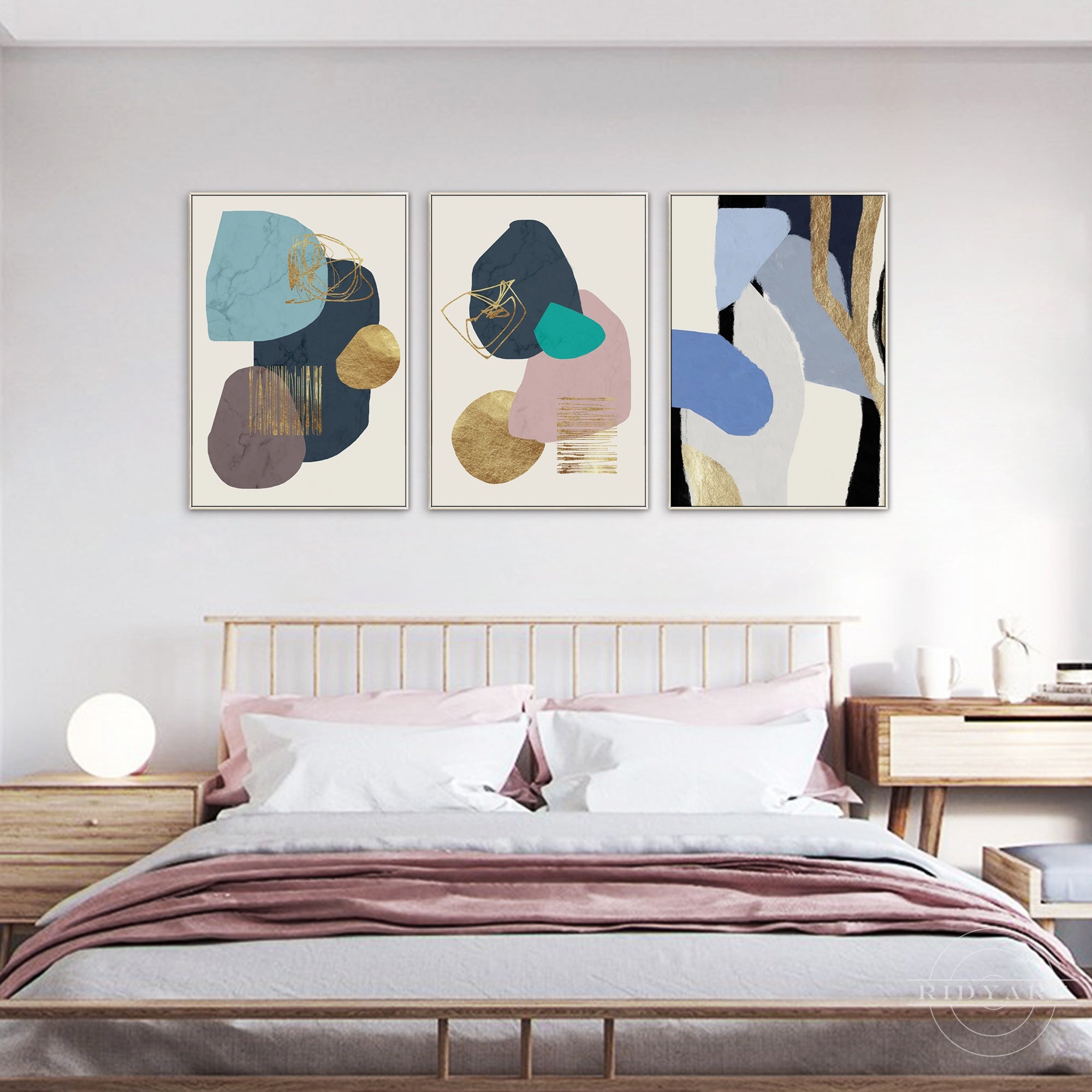 Set of 3 teal blue gold abstract canvas paintings