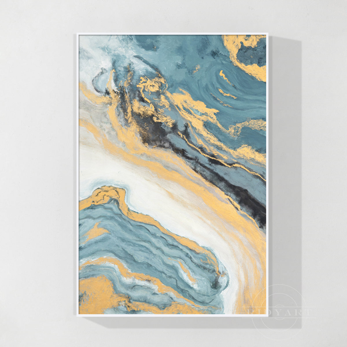 Abstract 3D textured canvas wall art with swirling teal blue fluid waves, gold leaf foil veins, and white cream accents in a white frame.