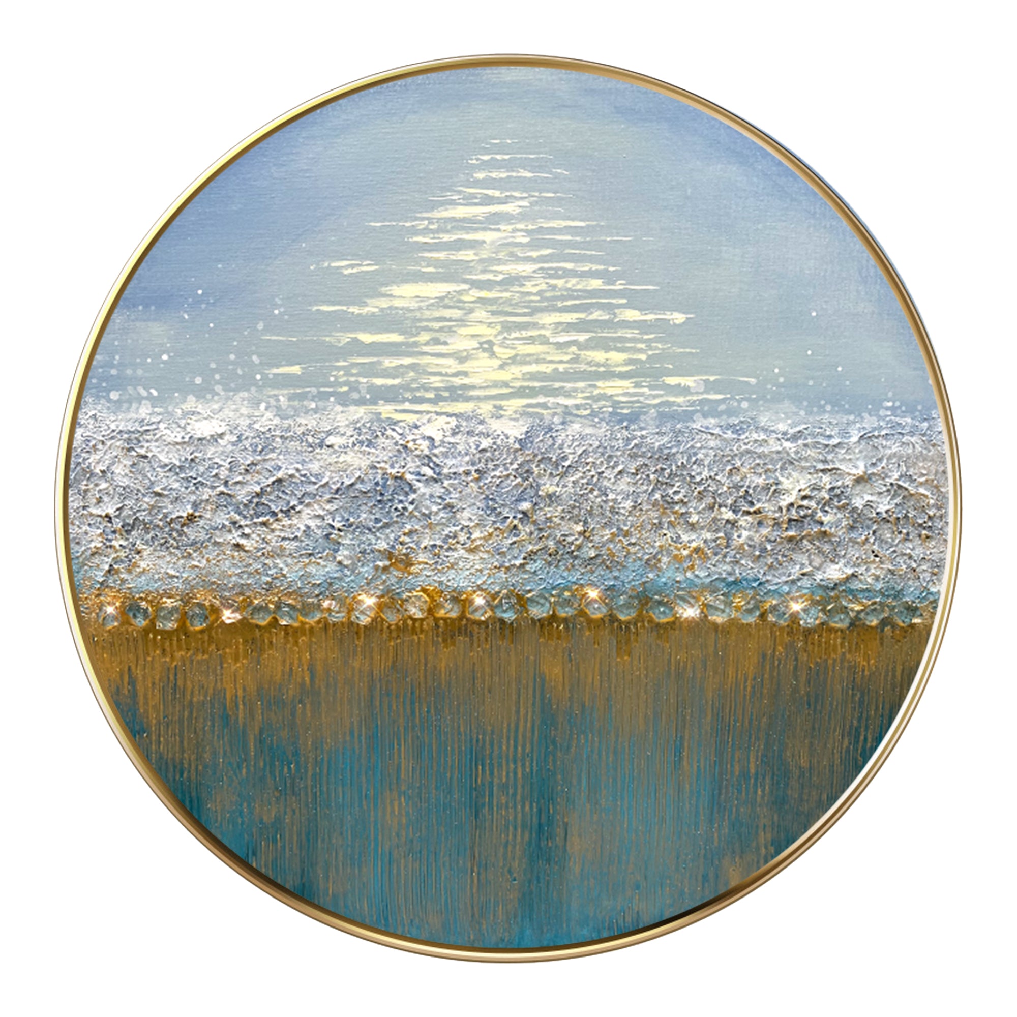 Teal blue gold abstract round beach painting