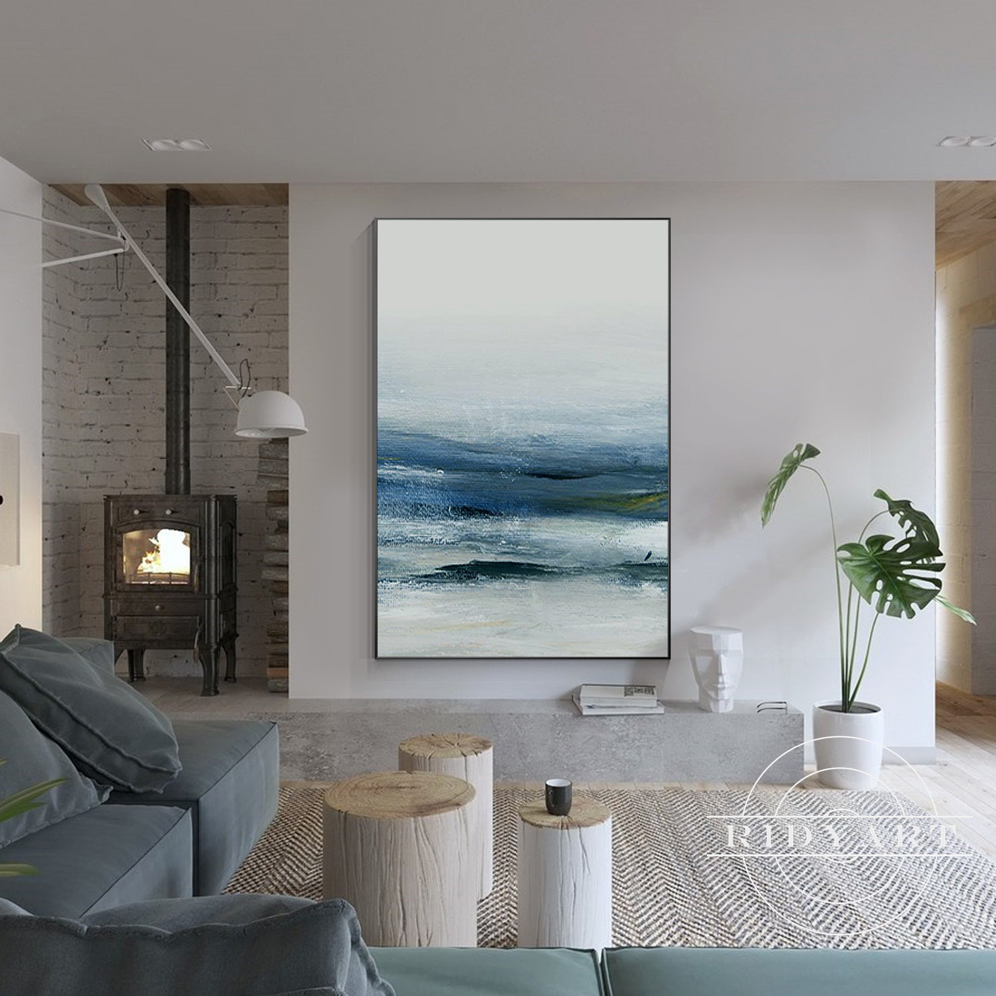 Large teal ocean canvas painting for living room wall decor