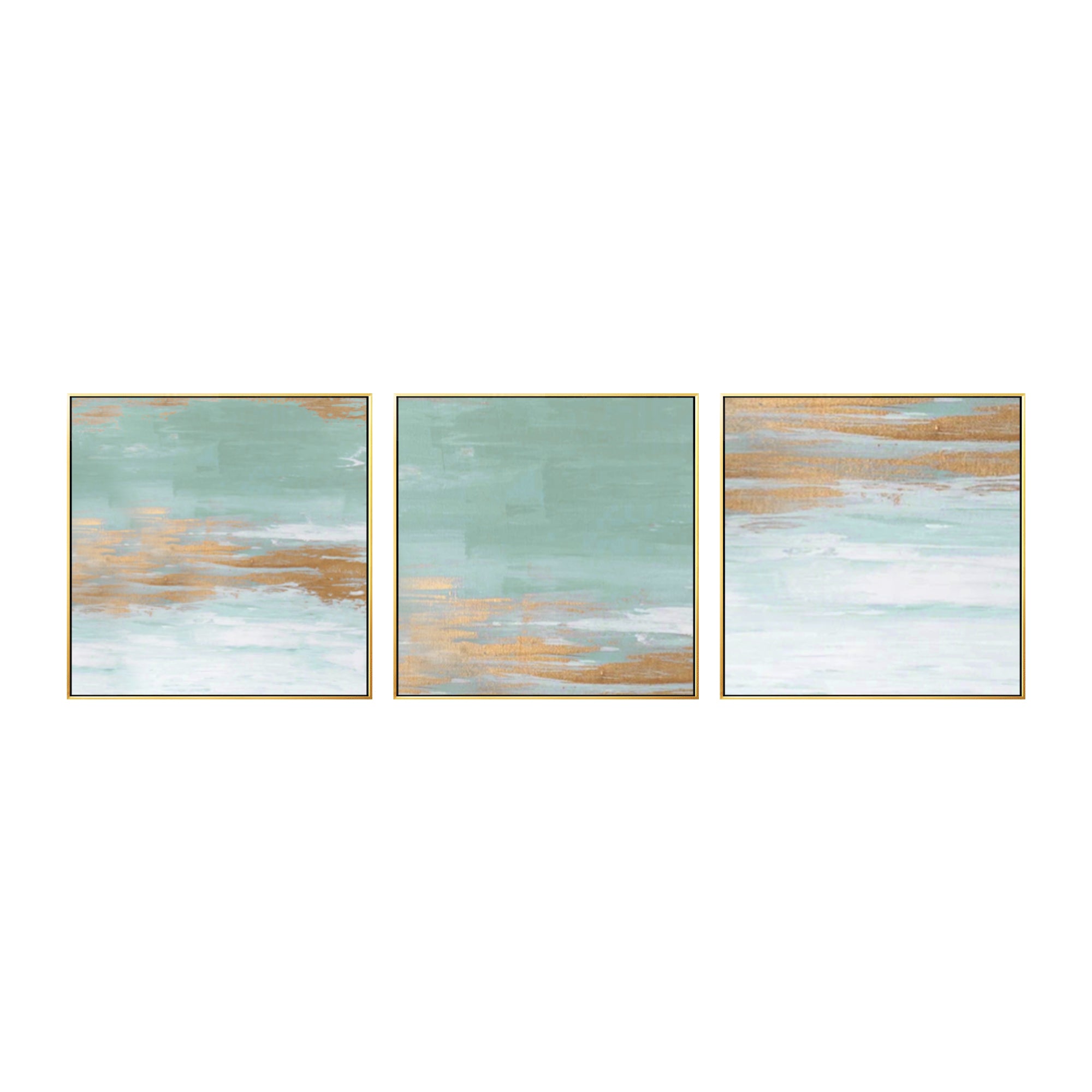 Set of 3 teal ocean and golden beach canvas paintings