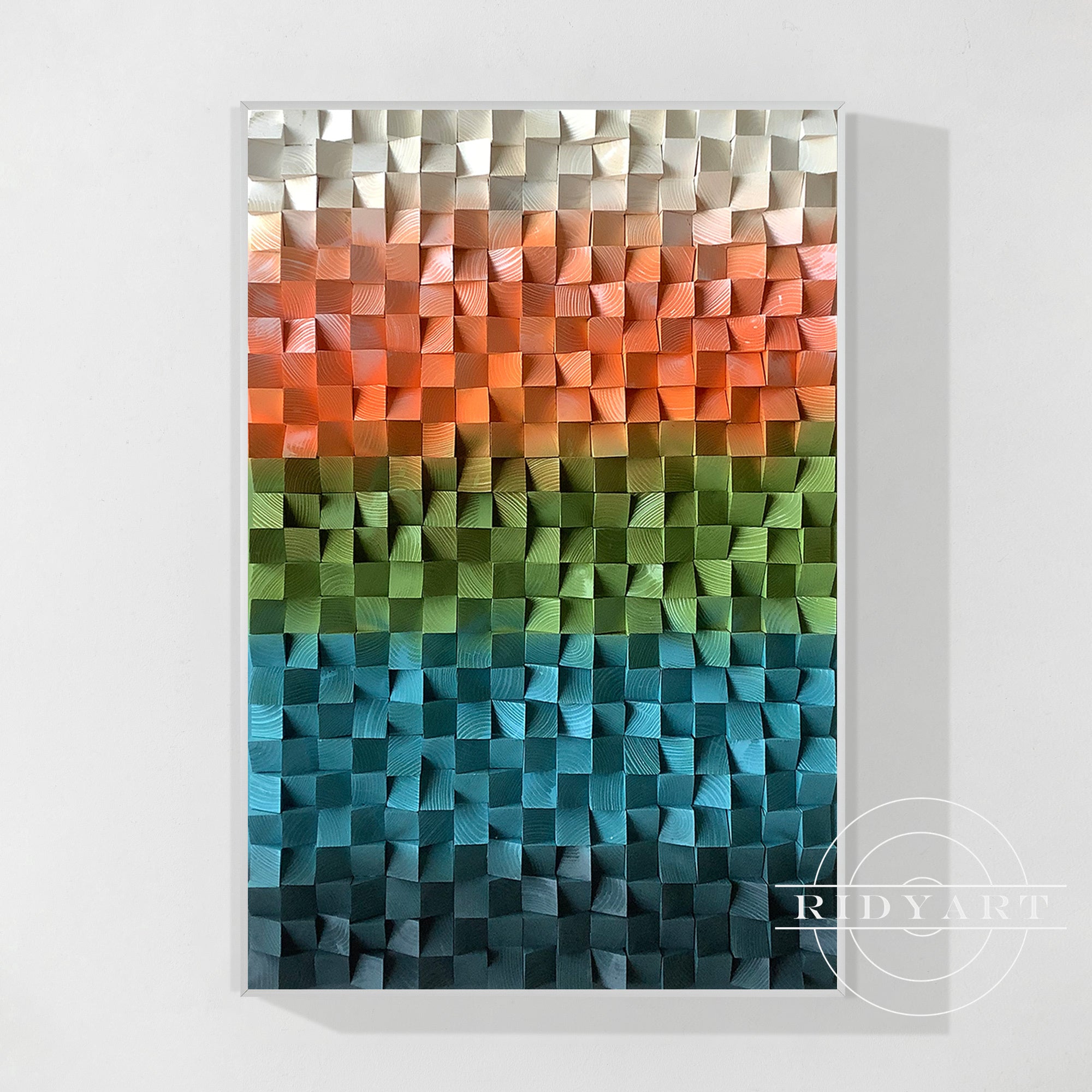 Teal and orange geometric wood wall decor with bold colors