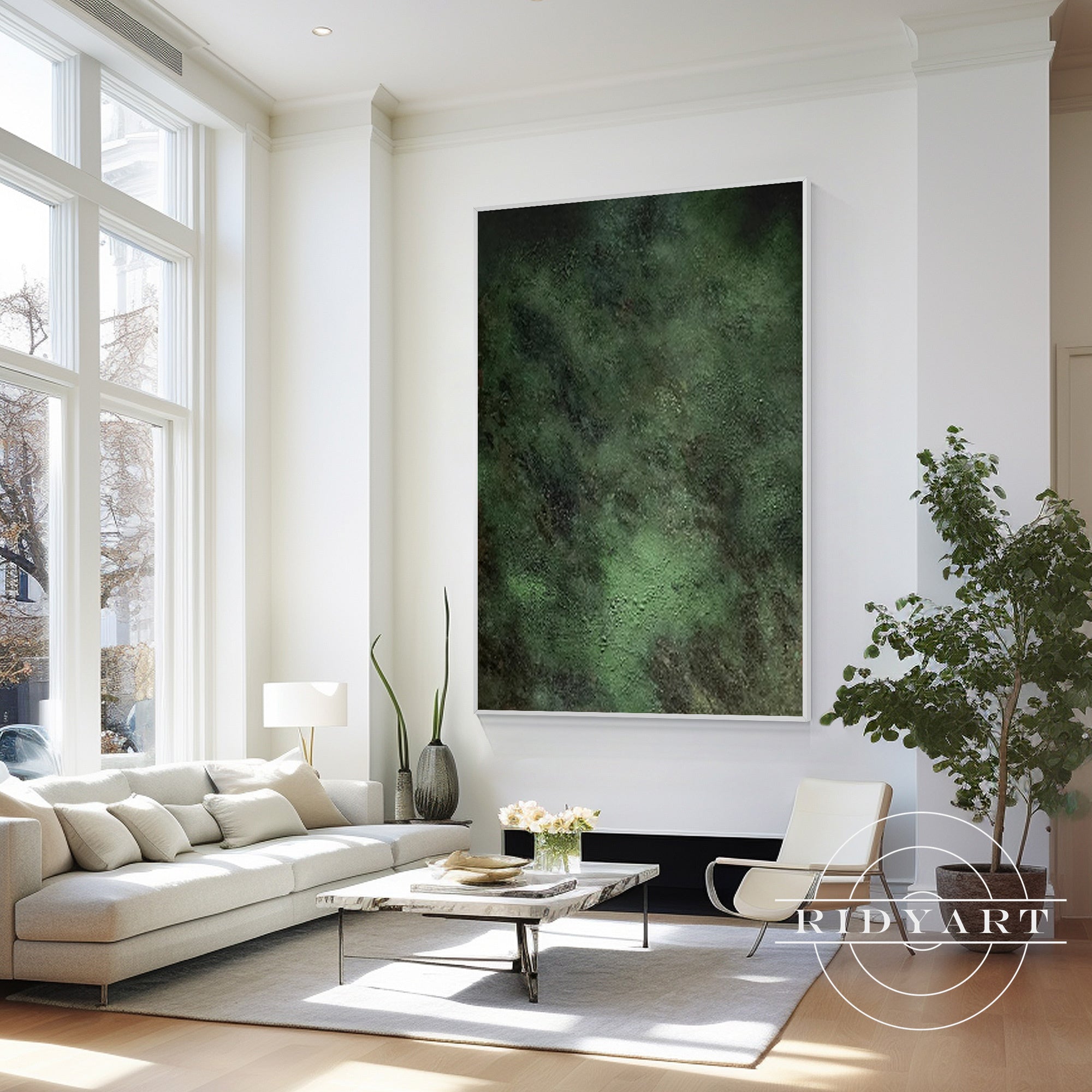 Oversized green canvas art with rich texture and depth