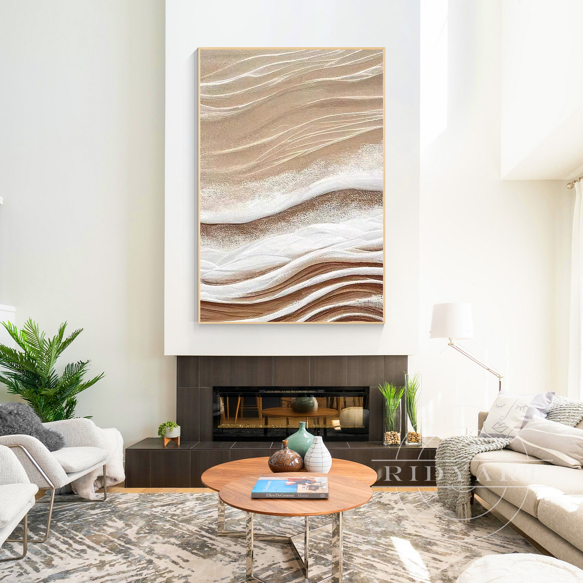 Beige abstract painting on canvas with modern minimalist style