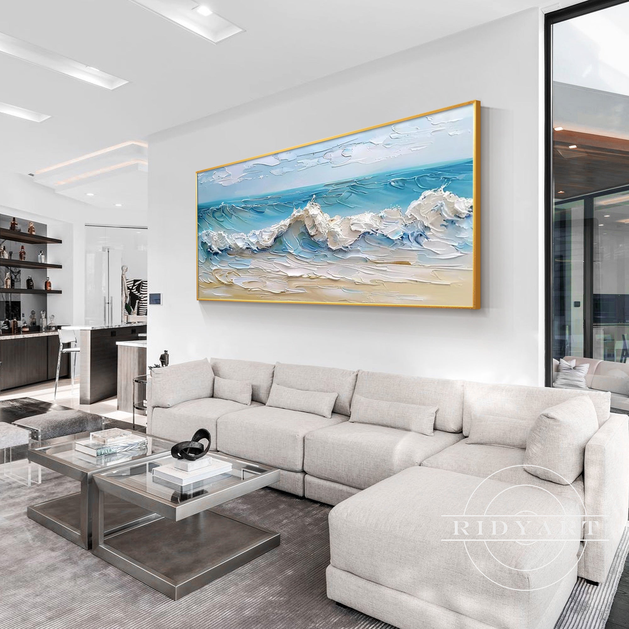 Textured blue and beige canvas wall decor in modern style