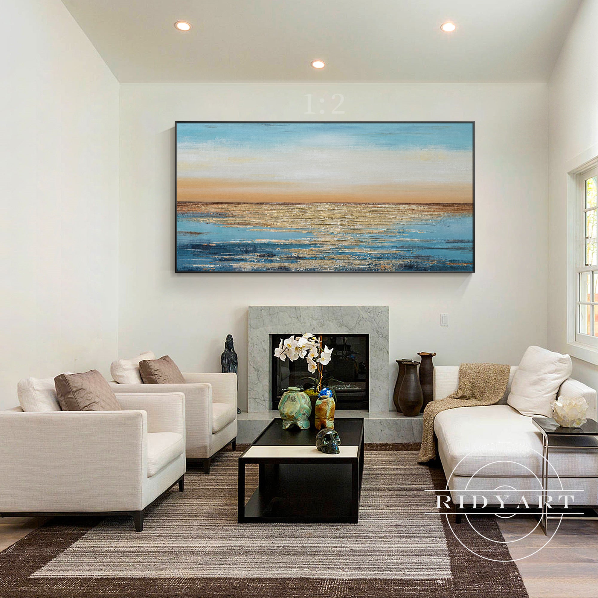 Extra-large blue and gold ocean painting with 3D texture for walls.