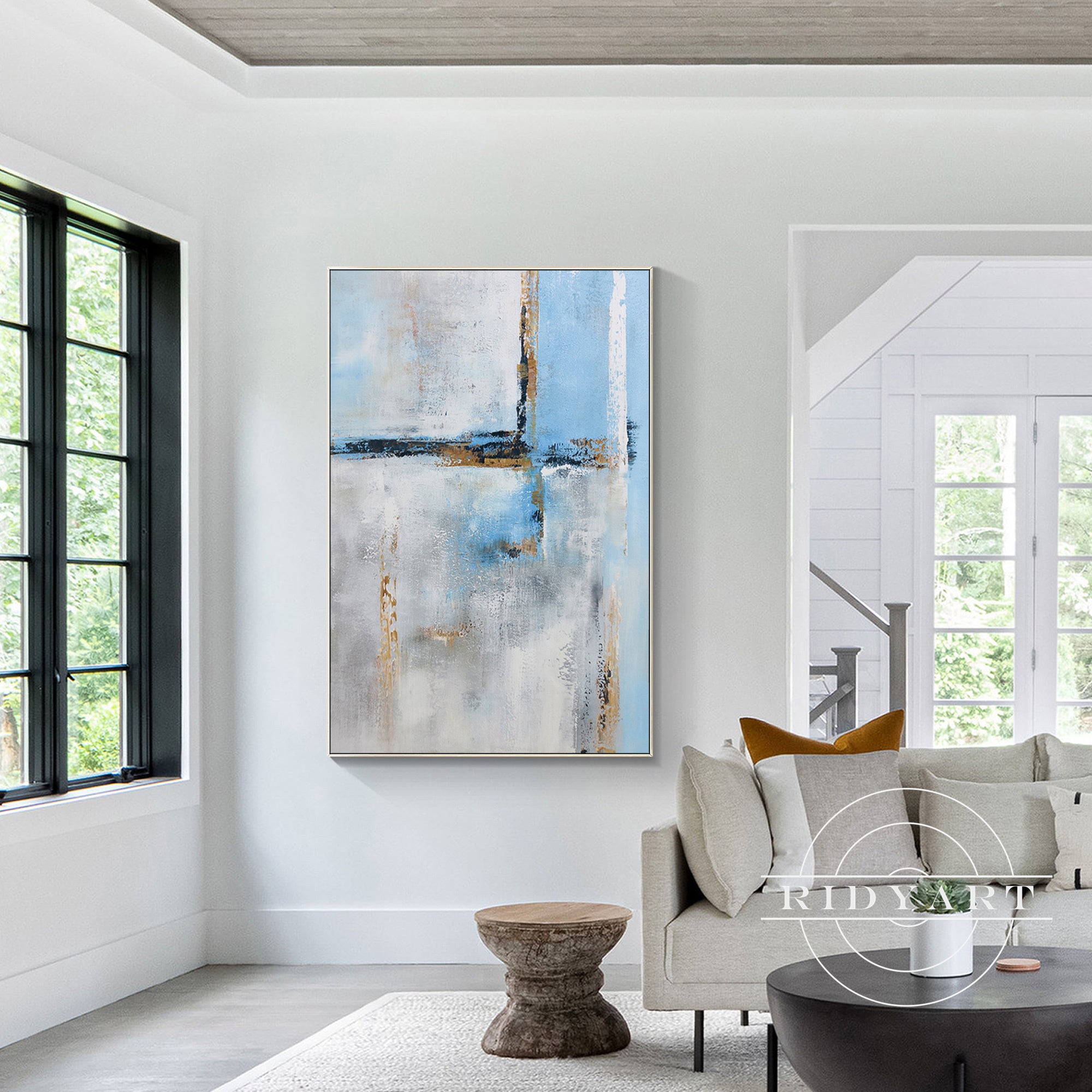 Abstract gold blue gray painting for home decor