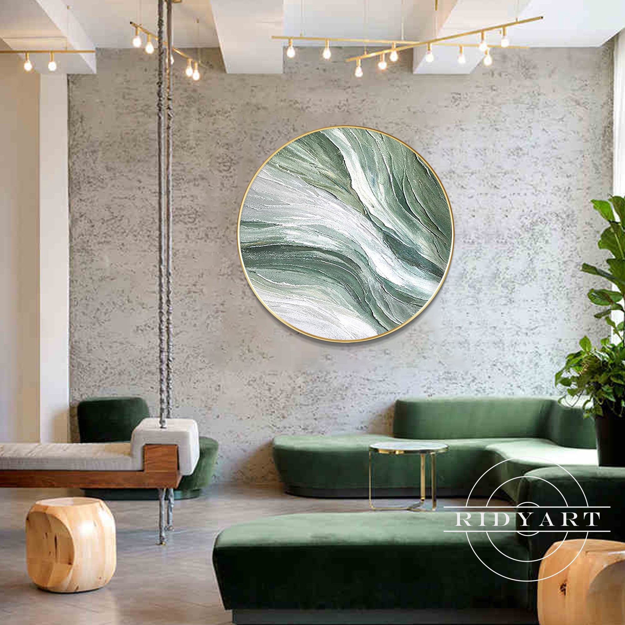 Minimalist circular painting with earthy green and neutral gray tones