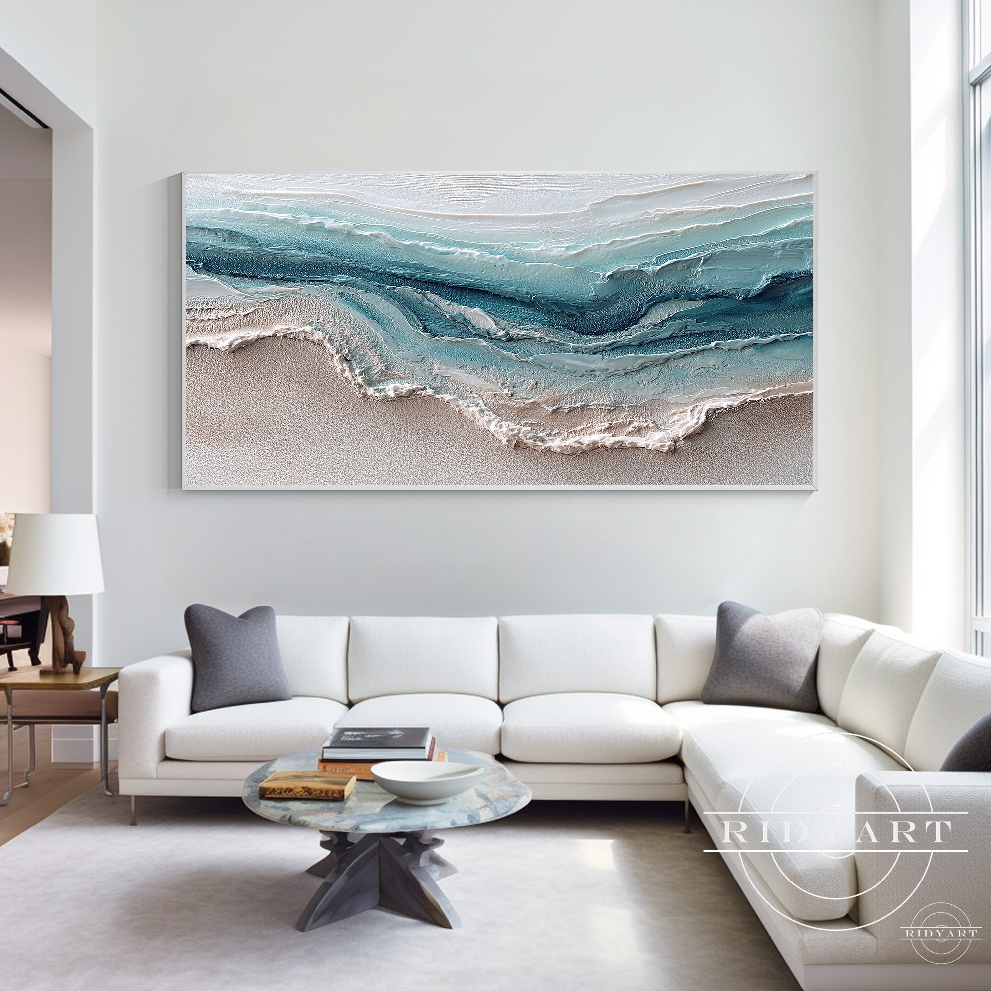 textured coastal painting for living room decor