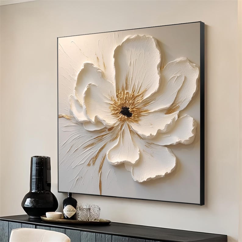 Textured daisy flower painting with creamy white and gold accents