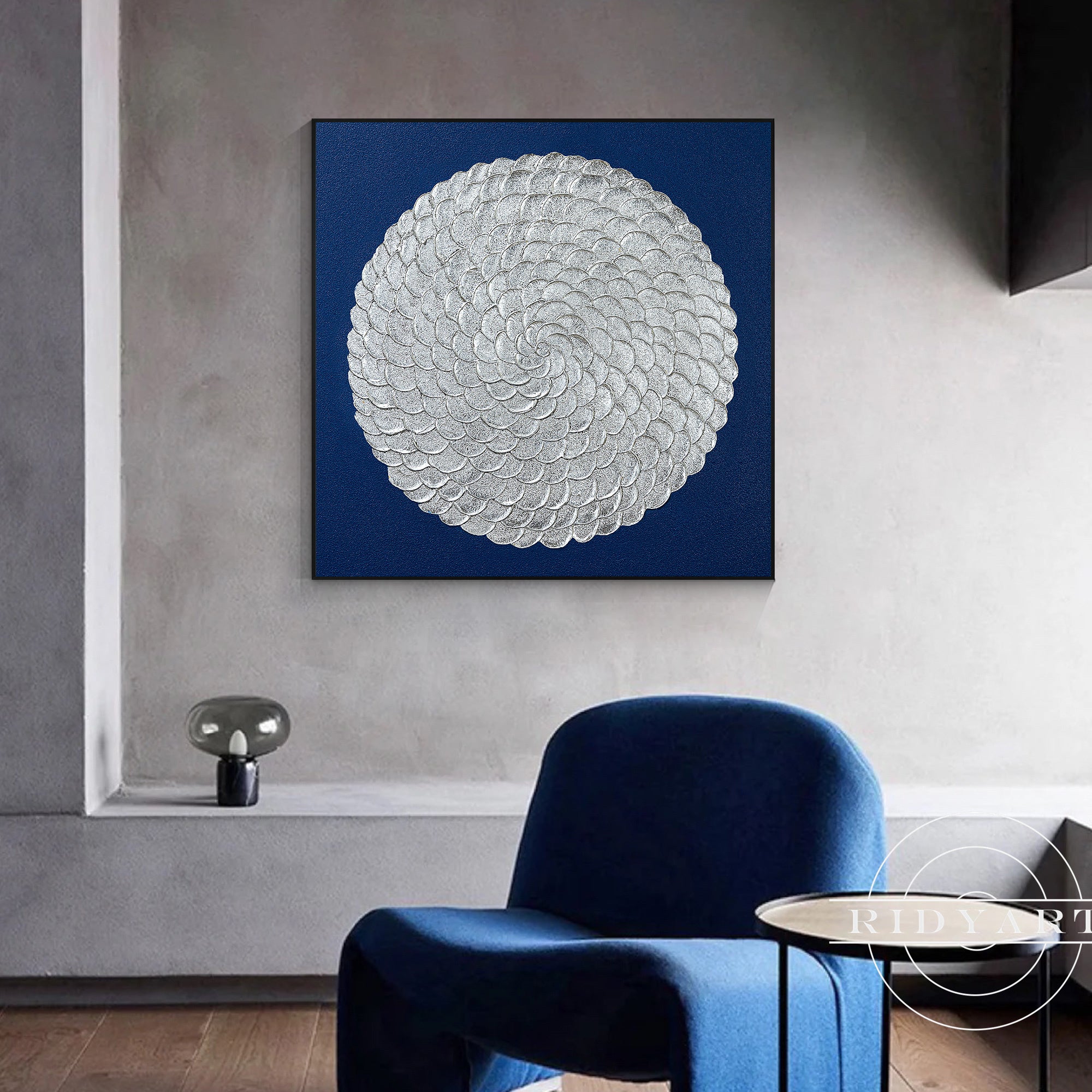Zen enso-inspired flower circle wall decor in dark blue tones