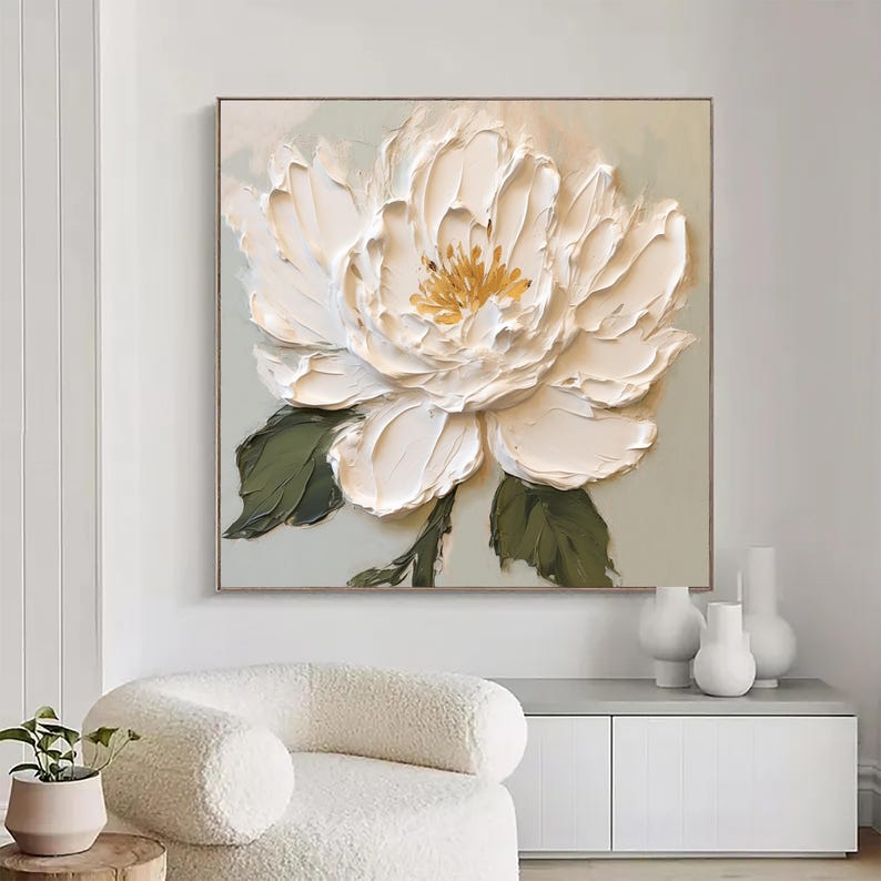 Textured white floral wall art for living room
