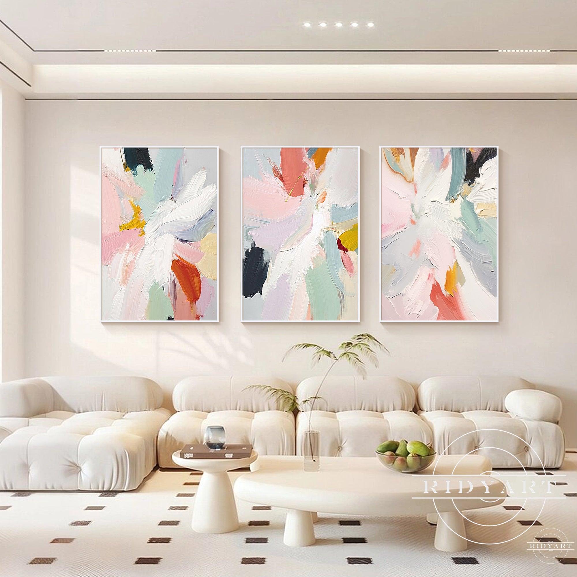 textured abstract flower painting triptych wall art