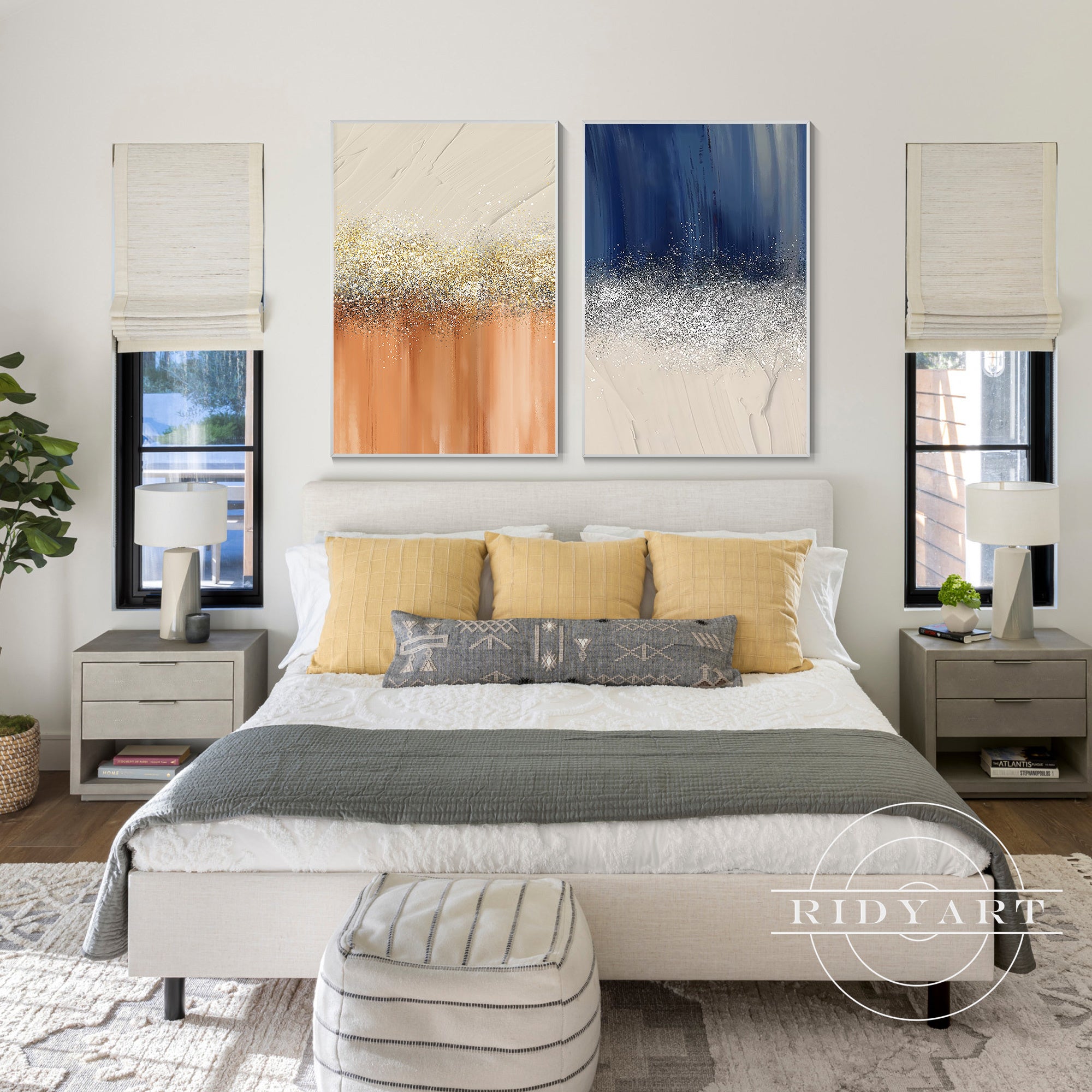 Glitter-accented modern abstract wall paintings for home decor.