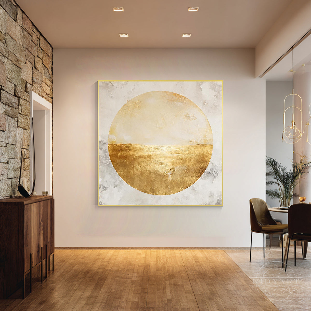 textured-gold-horizon-canvas-decor.jpg Textured gold horizon abstract painting inside a circular shape with metallic accent detailing.