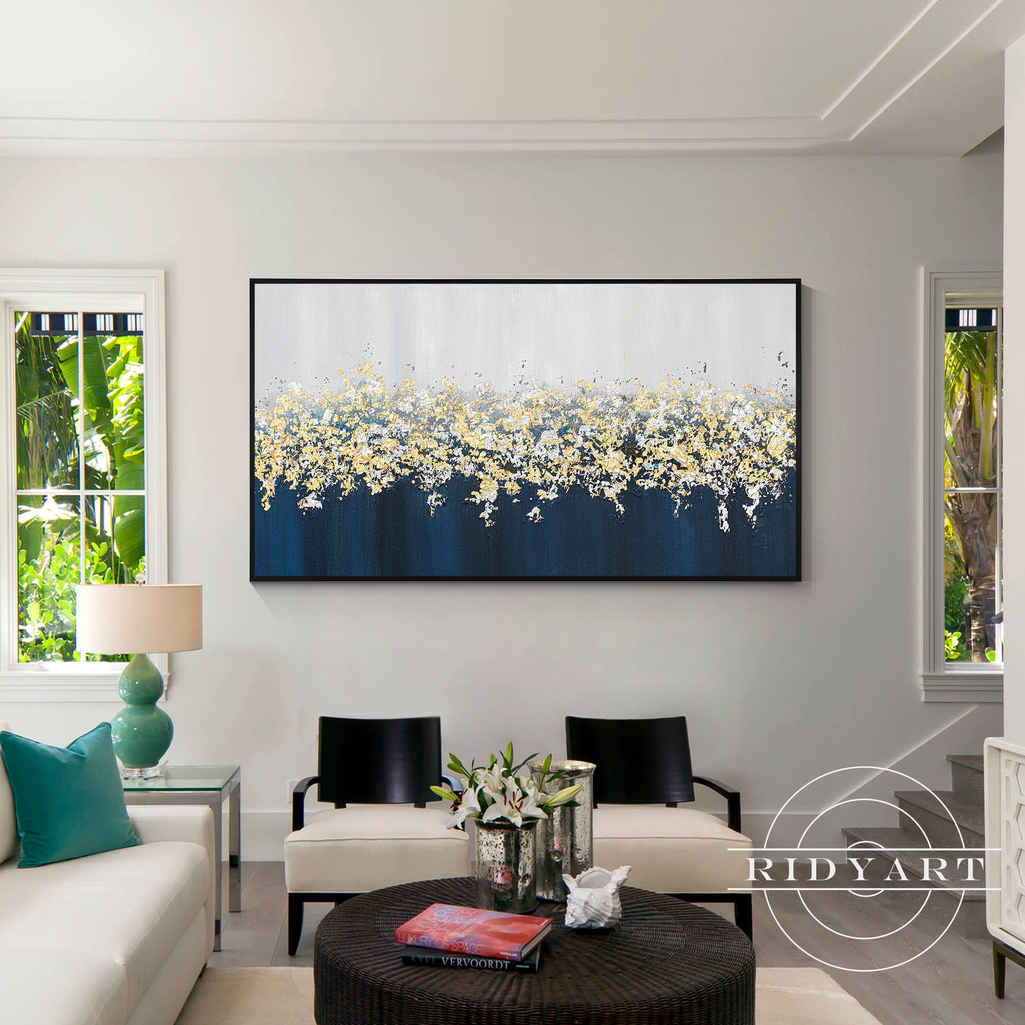 Navy blue abstract floral artwork with rich texture and shine