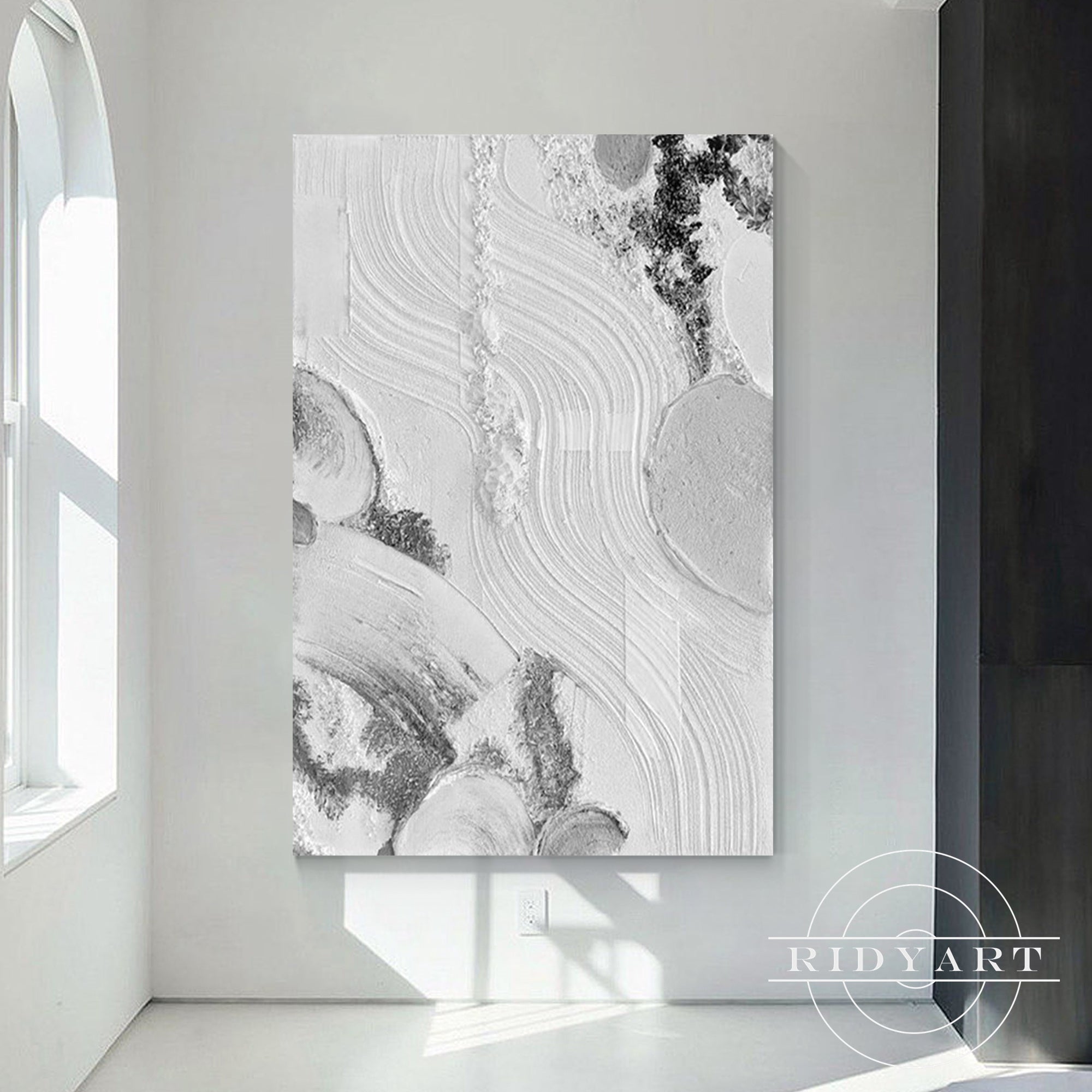 Minimalist wall painting in white and grey shades