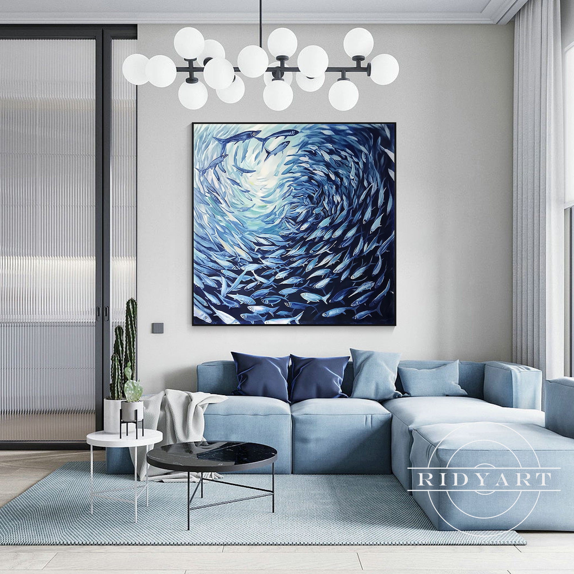 Coastal nautical wall art featuring blue fish in motion
