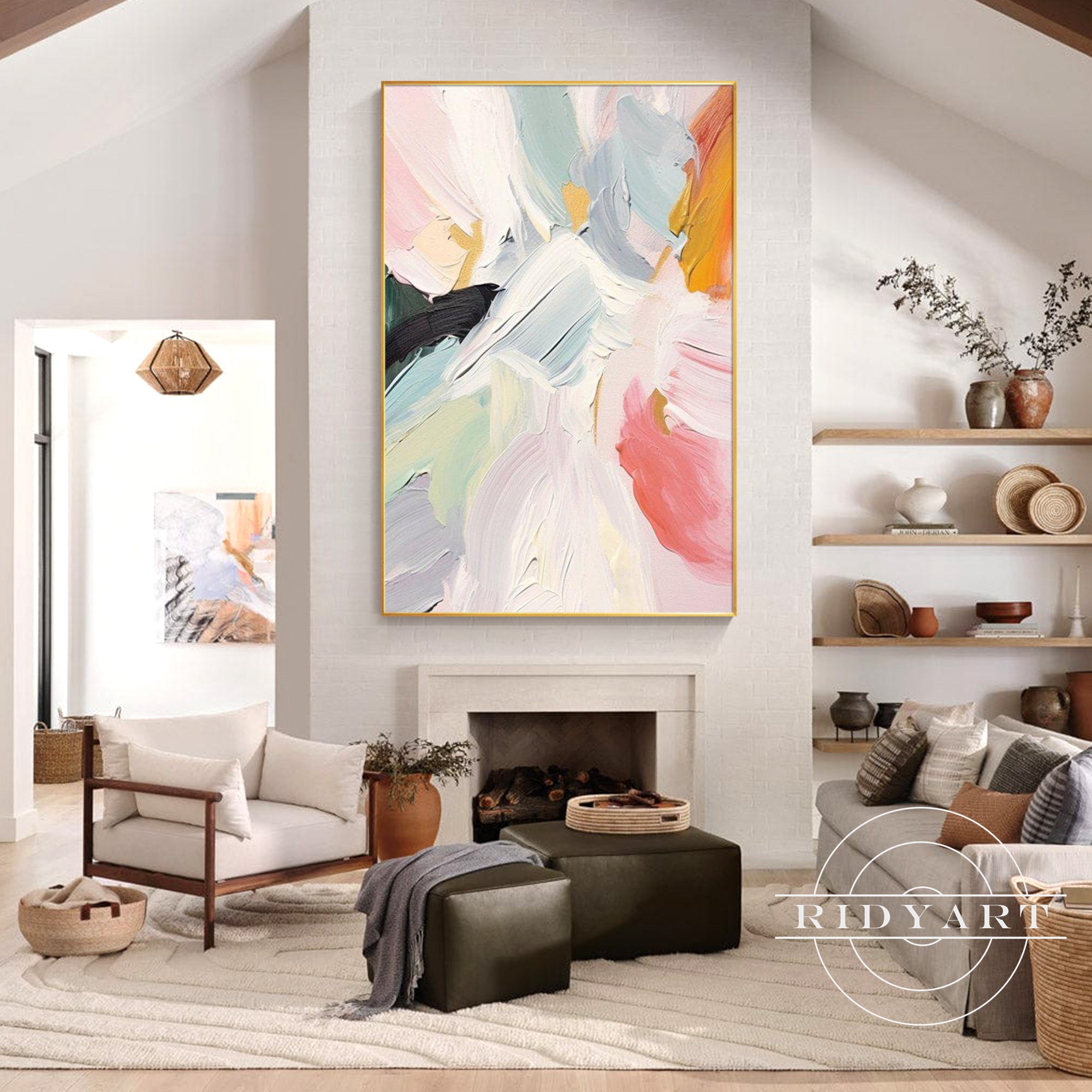 Modern abstract textured painting in pastel pink and gray tones.
