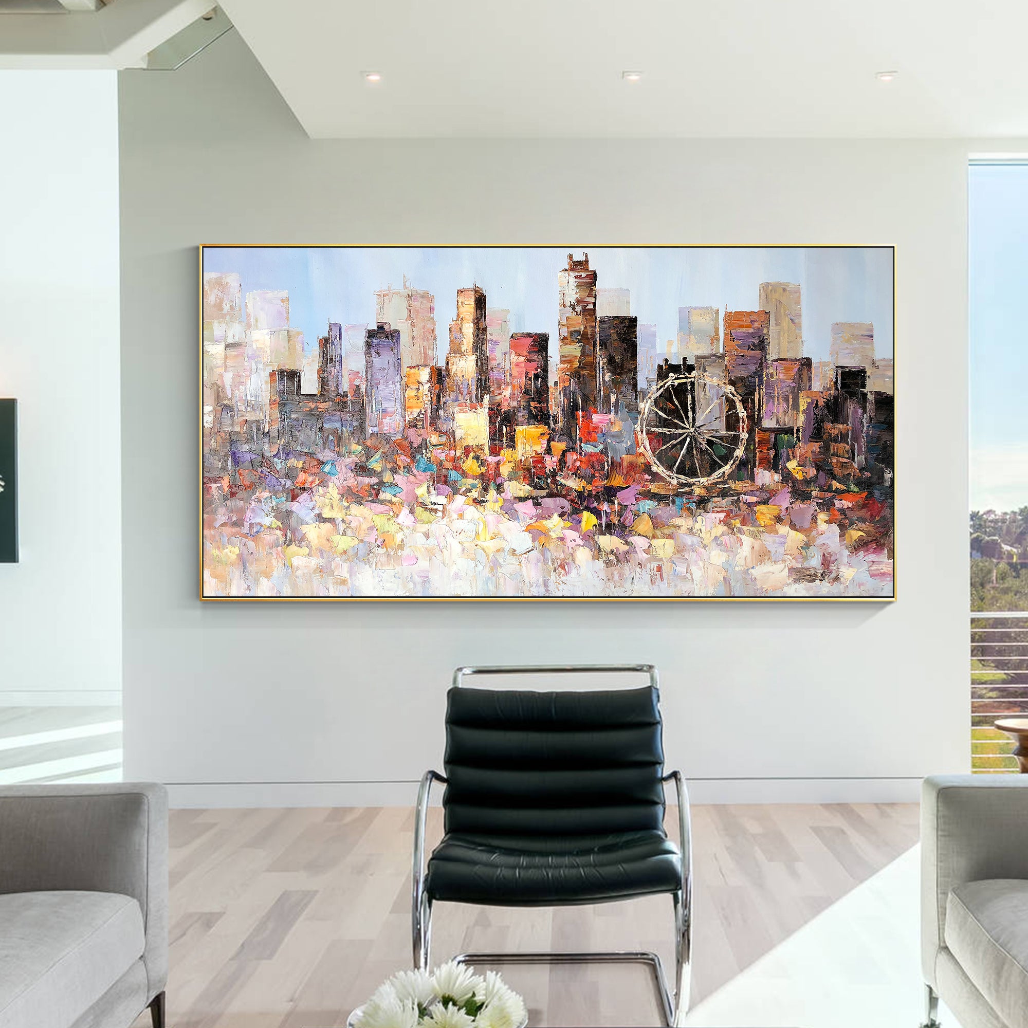 Modern abstract LA skyline wall art with vibrant textures