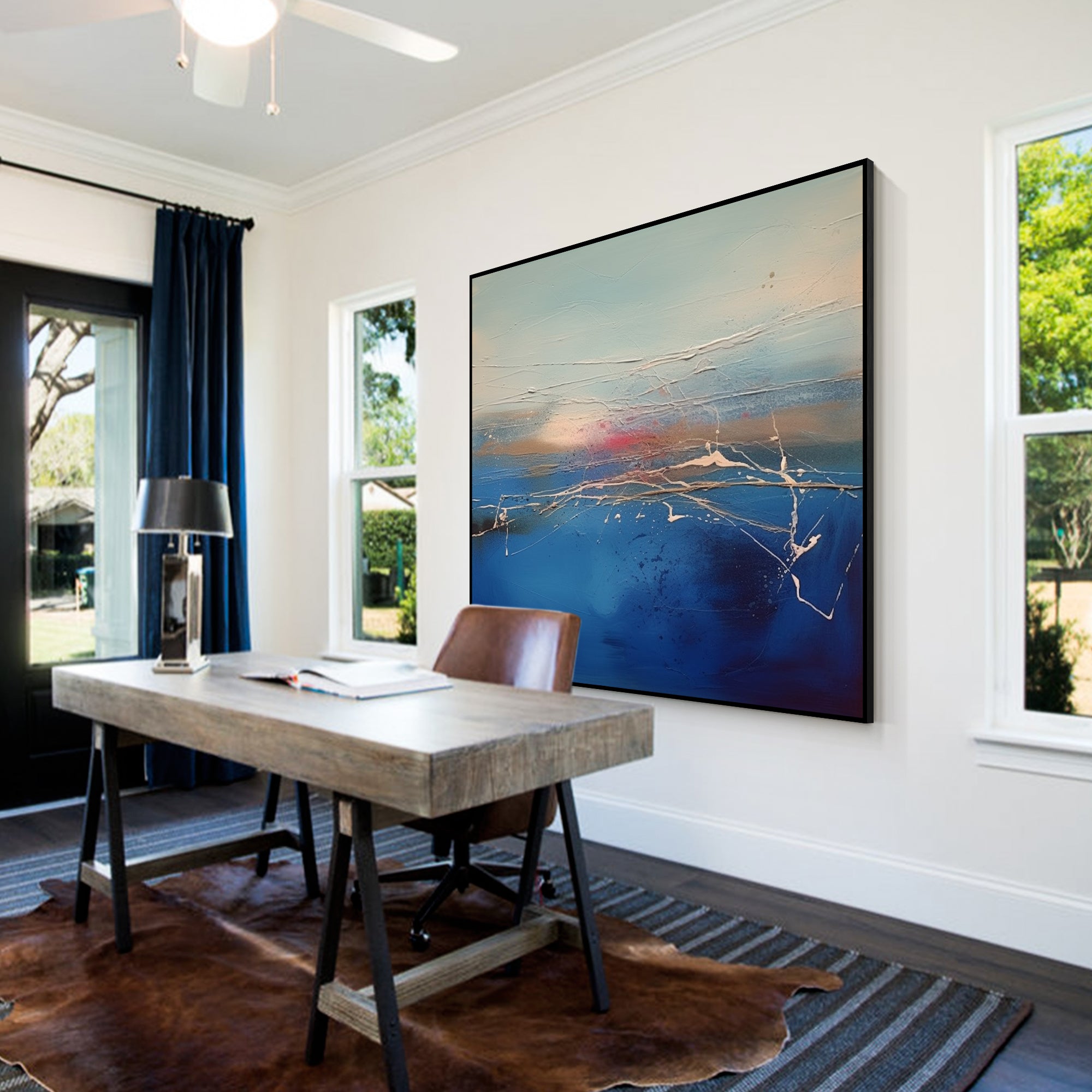 Blue abstract painting with textured sunrise over the ocean. Square wall art for living rooms, bedrooms, and coastal decor.