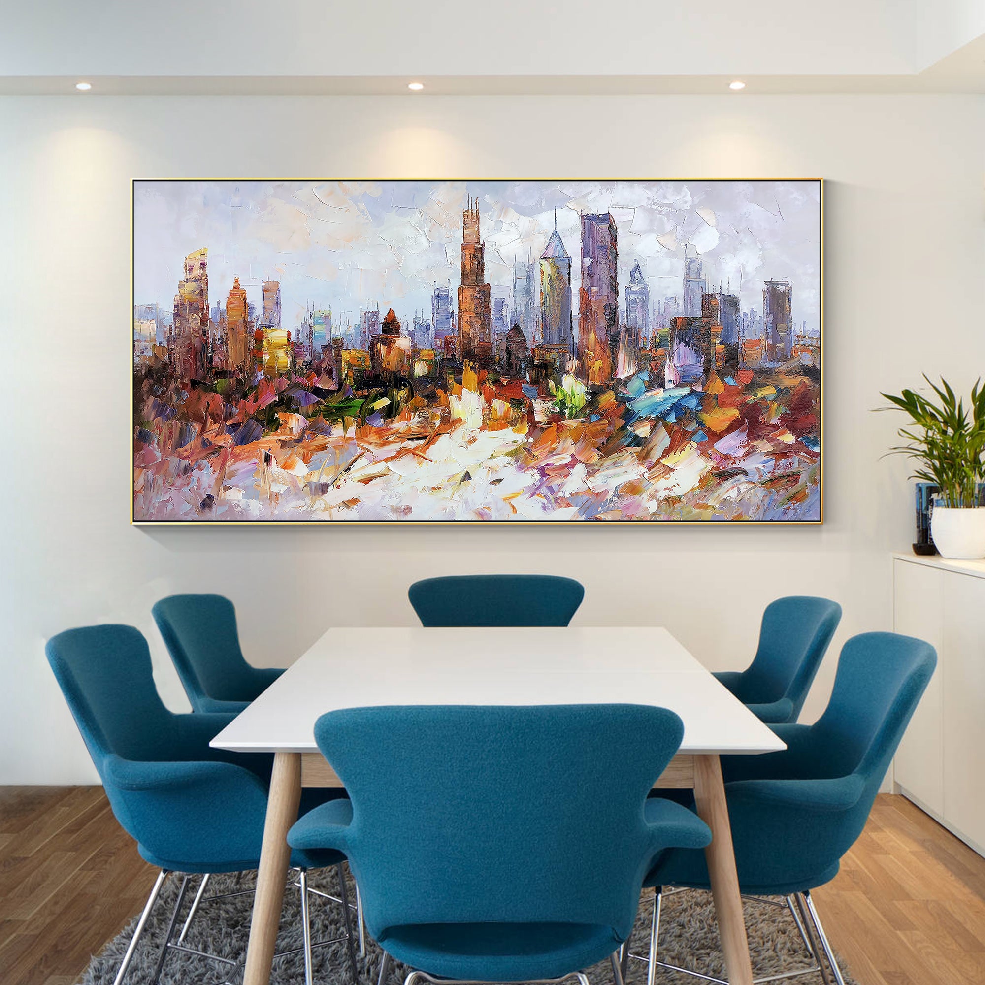 Abstract textured painting of Chicago cityscape, perfect for home decor.