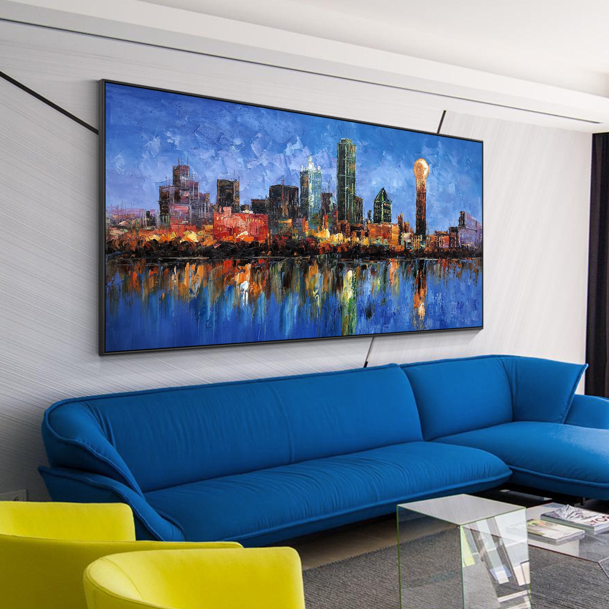 Dallas cityscape abstract oil painting with textured blue design.