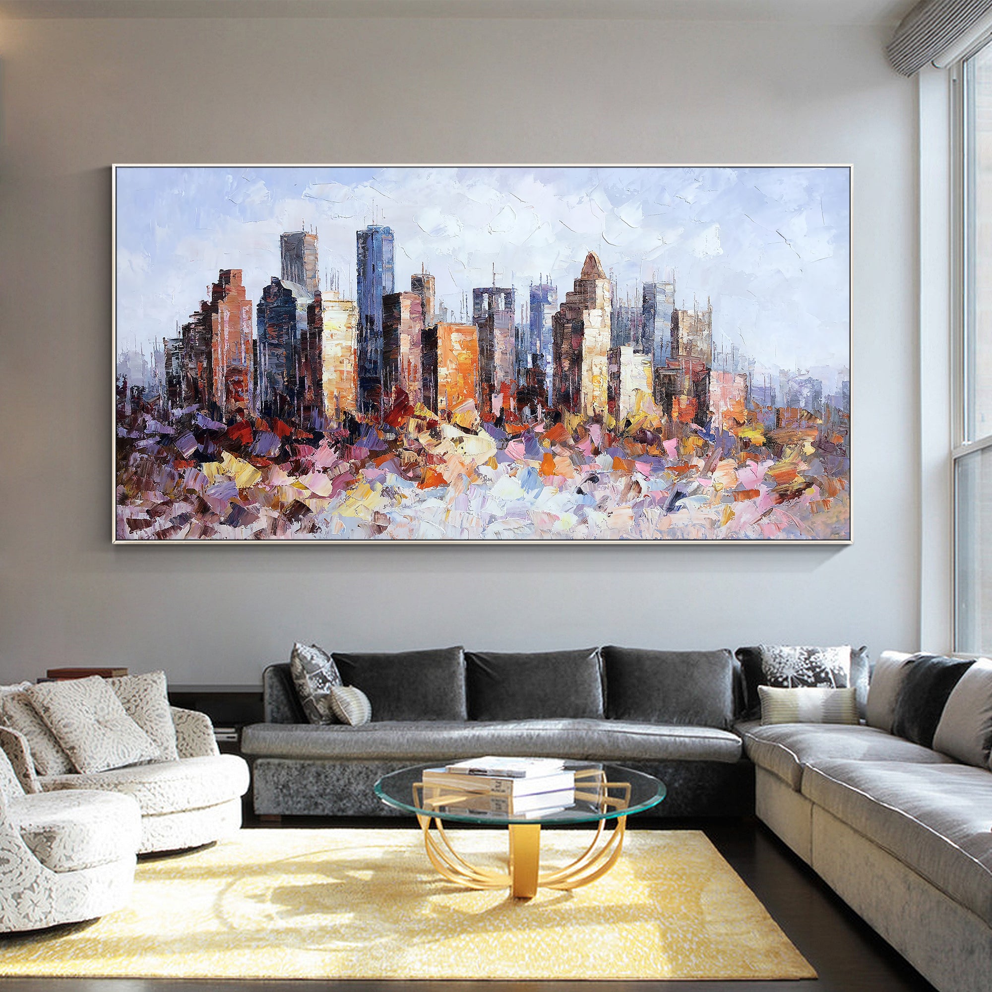 Houston skyline abstract textured painting for modern home decor.
