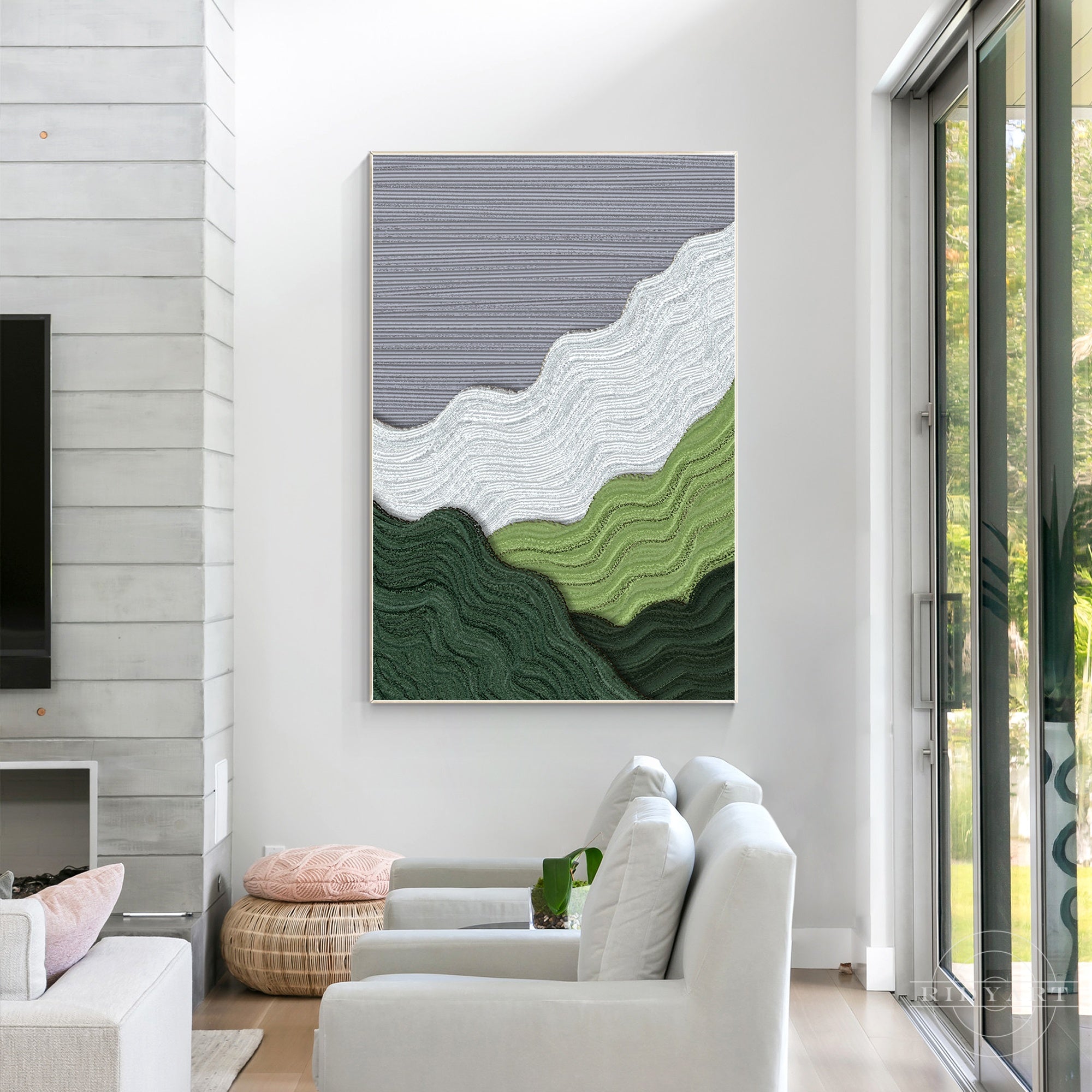 Textured mountain wall art, abstract green and gray painting.