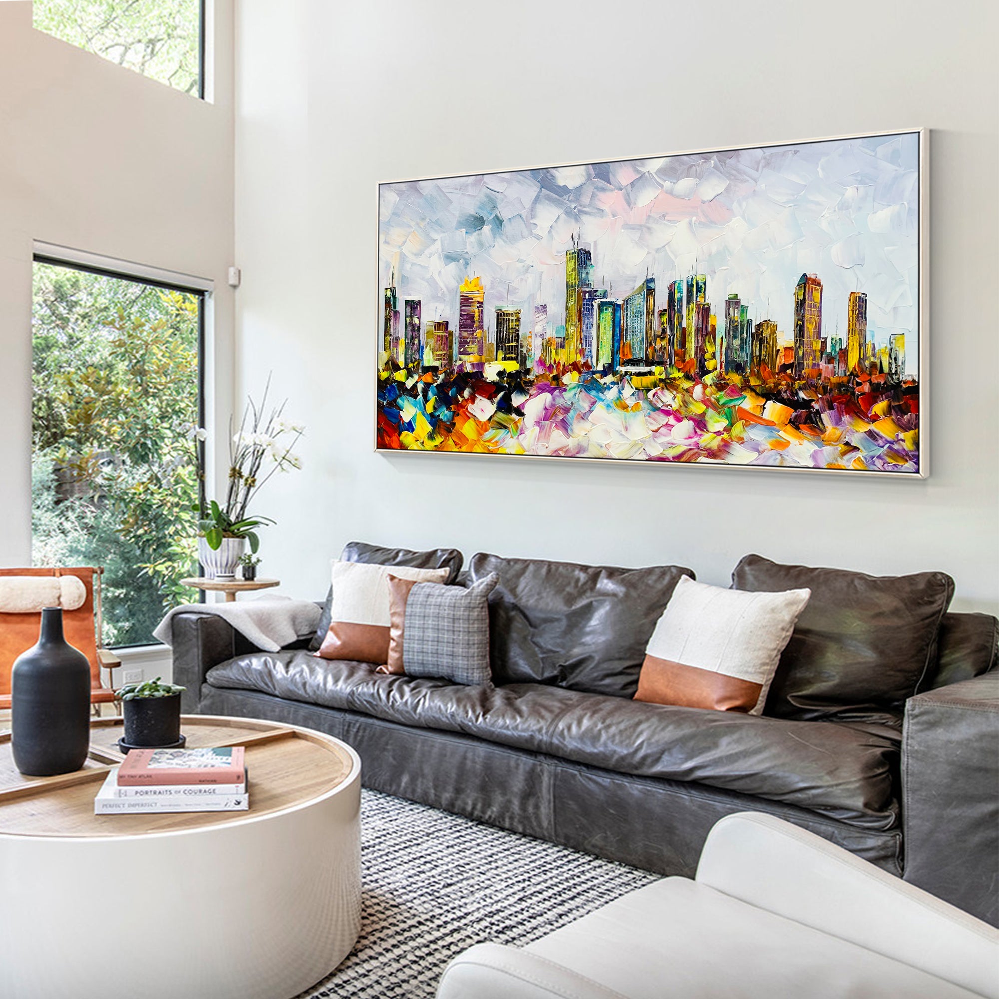 Philadelphia skyline oil painting with iconic textured cityscape.