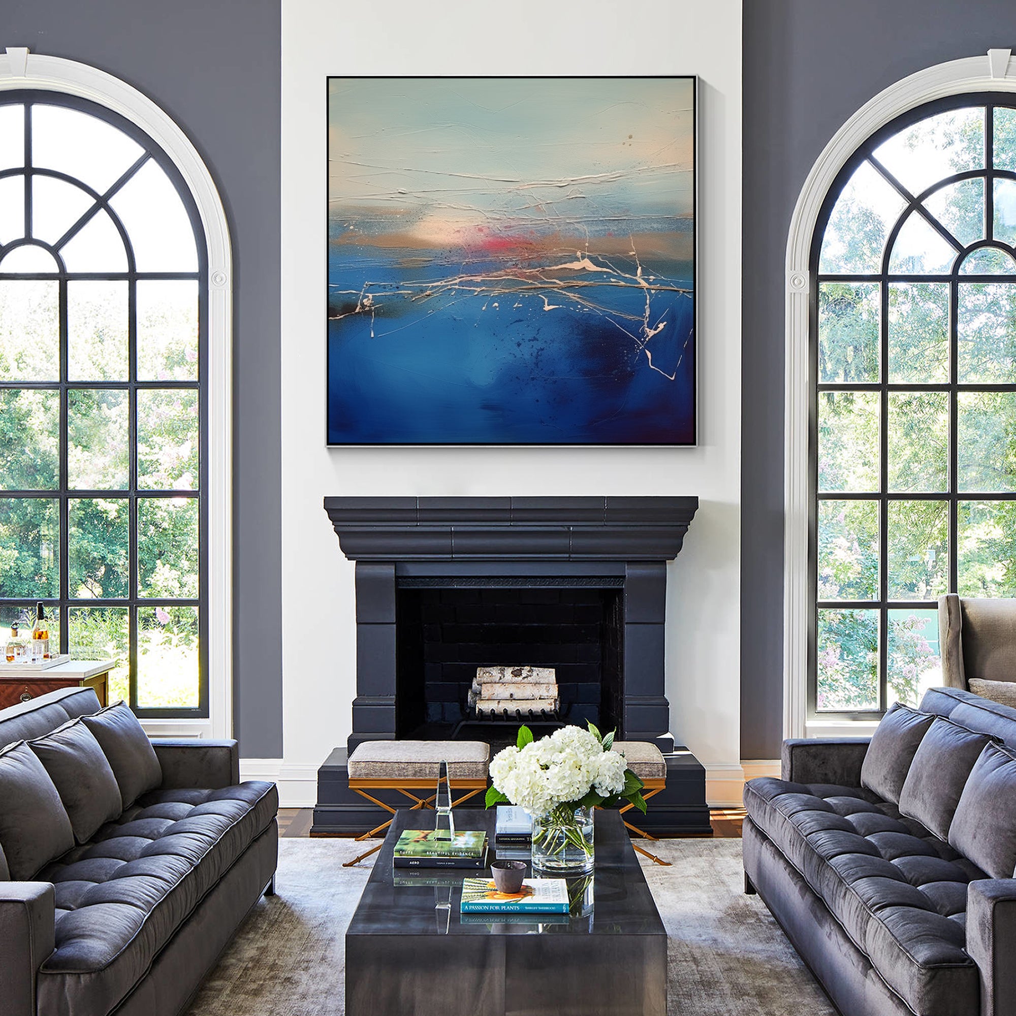 Blue abstract painting with textured sunrise over the ocean. Square wall art for living rooms, bedrooms, and coastal decor.