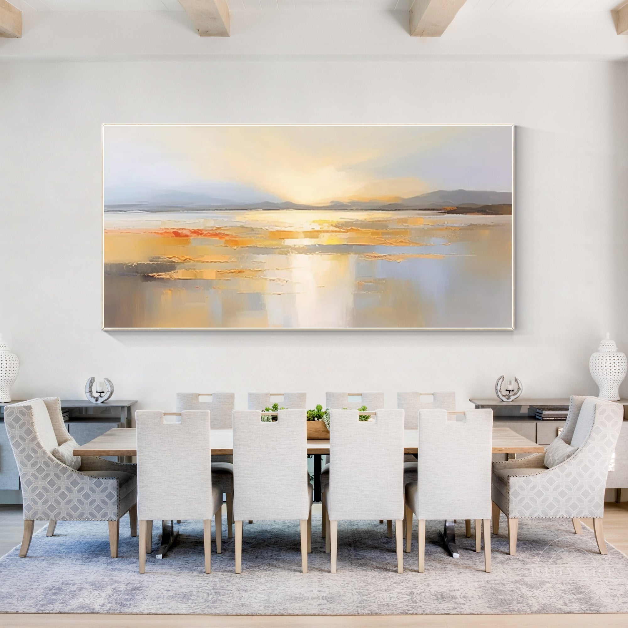 Seascape sunrise painting on canvas with ocean textures.