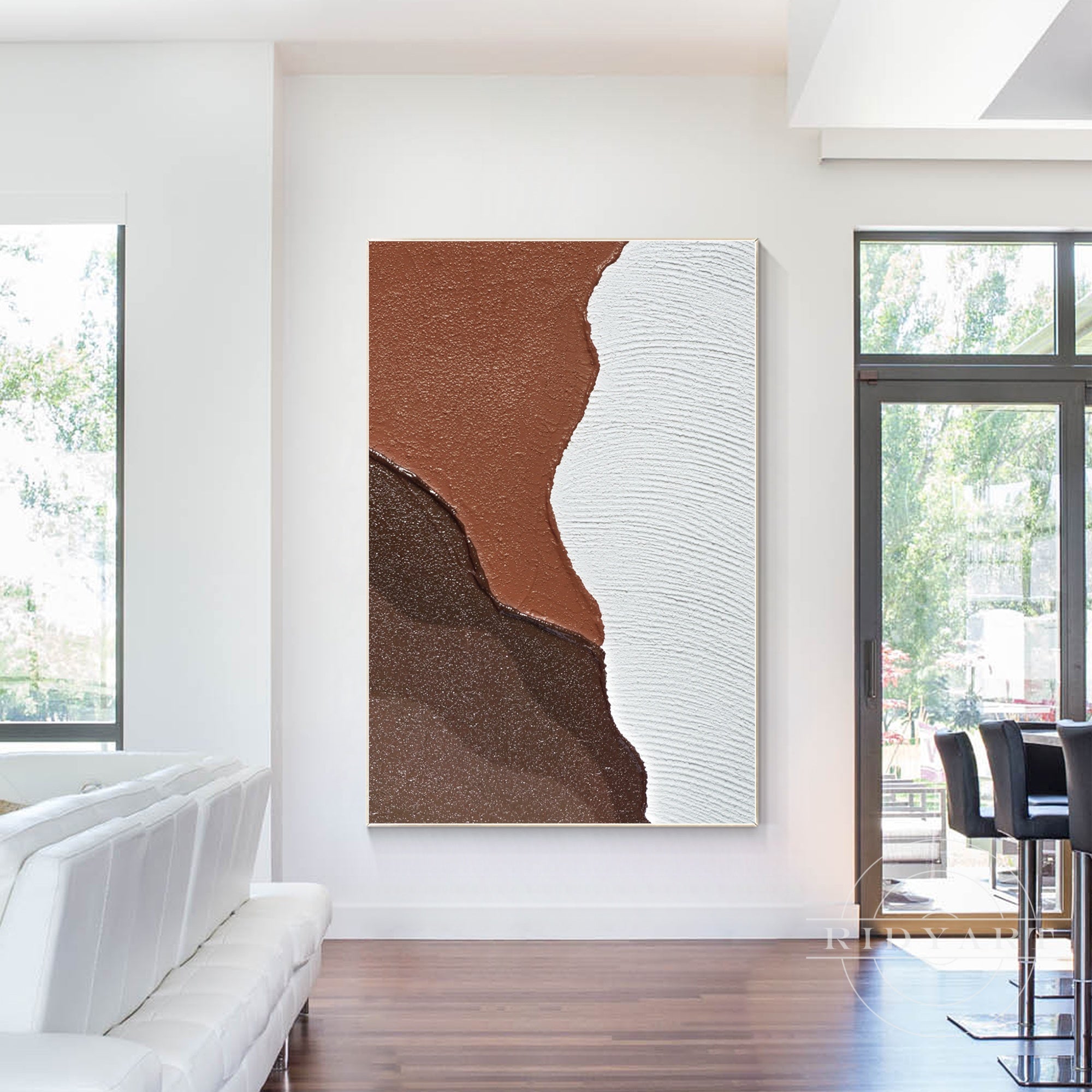 Earth tone abstract ocean painting with textured details.