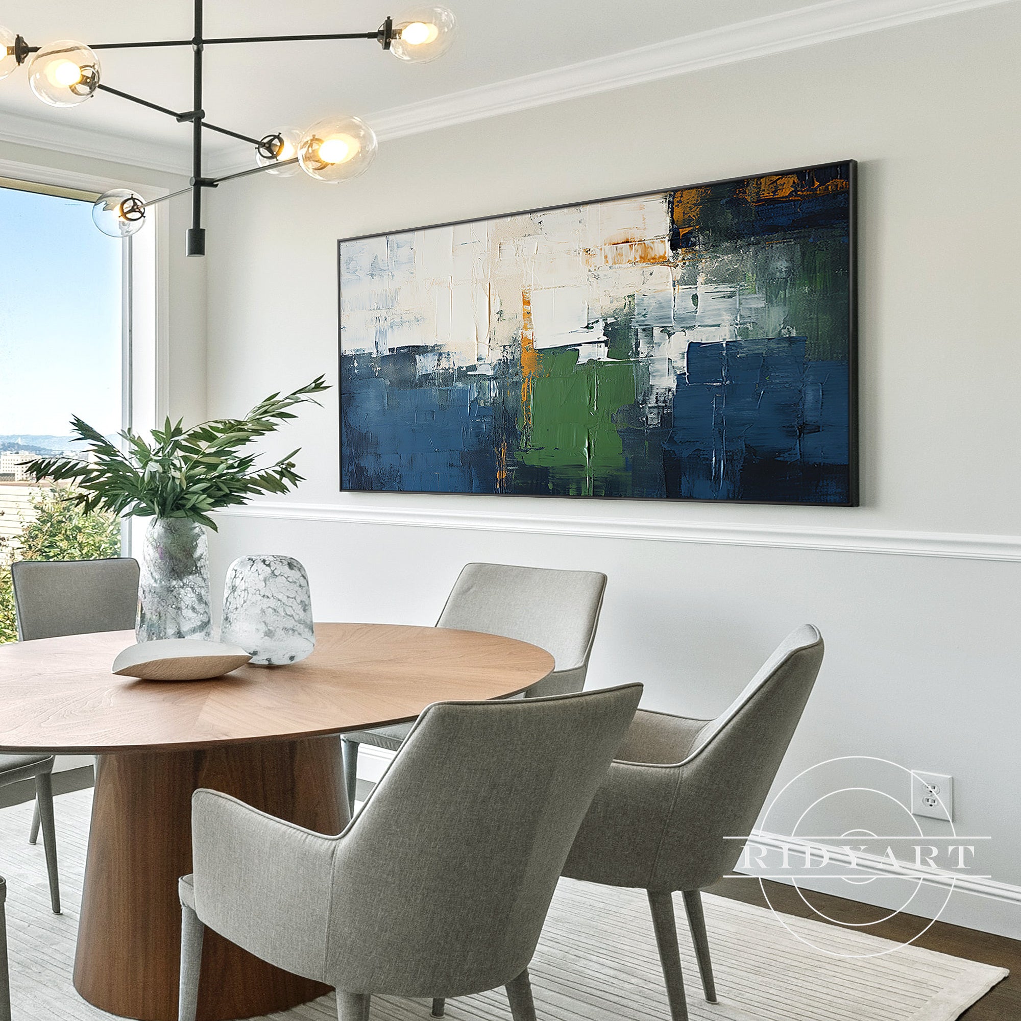 Hand-painted navy blue and green abstract textured wall art for modern home decor