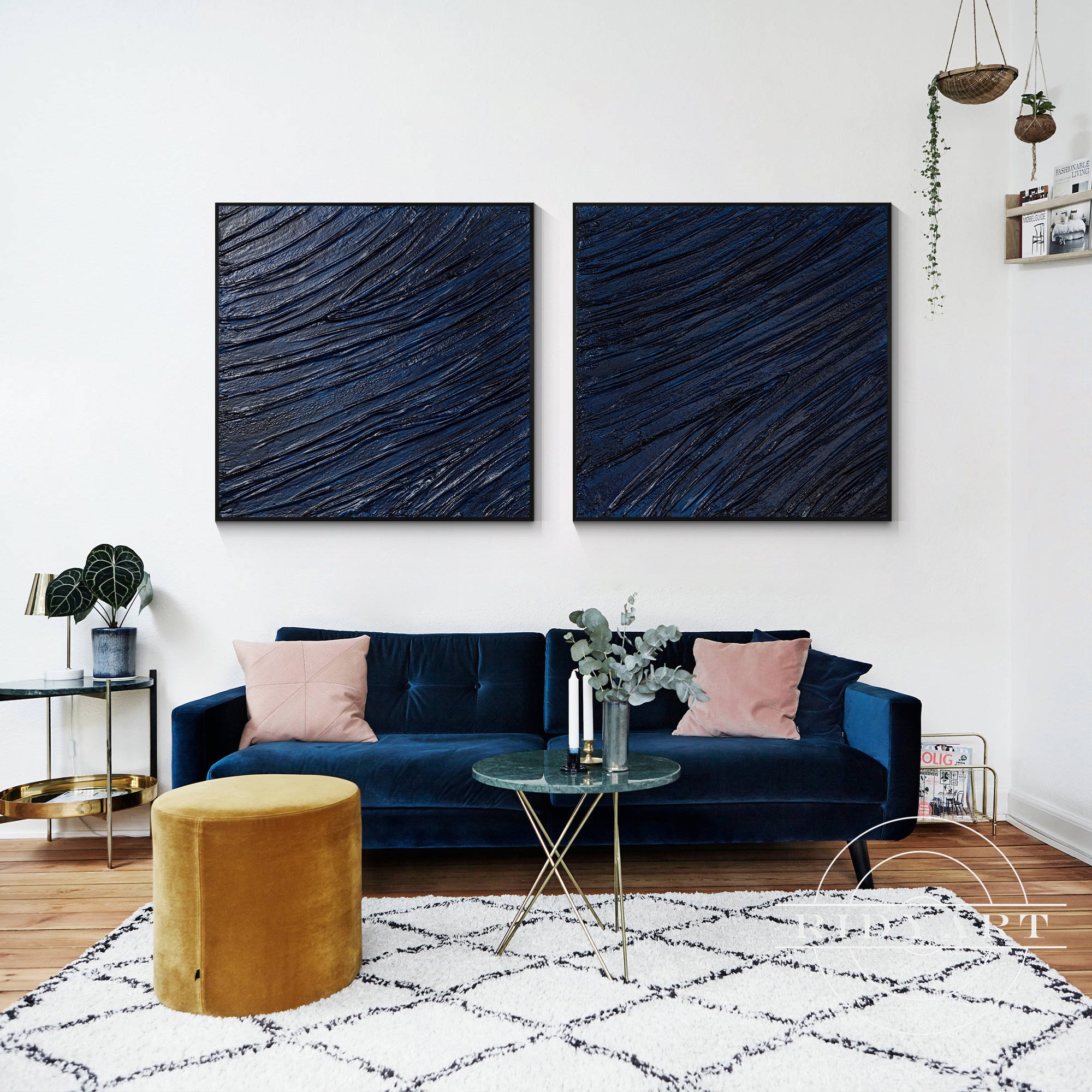 Contemporary square canvas set with sculptural blue texture