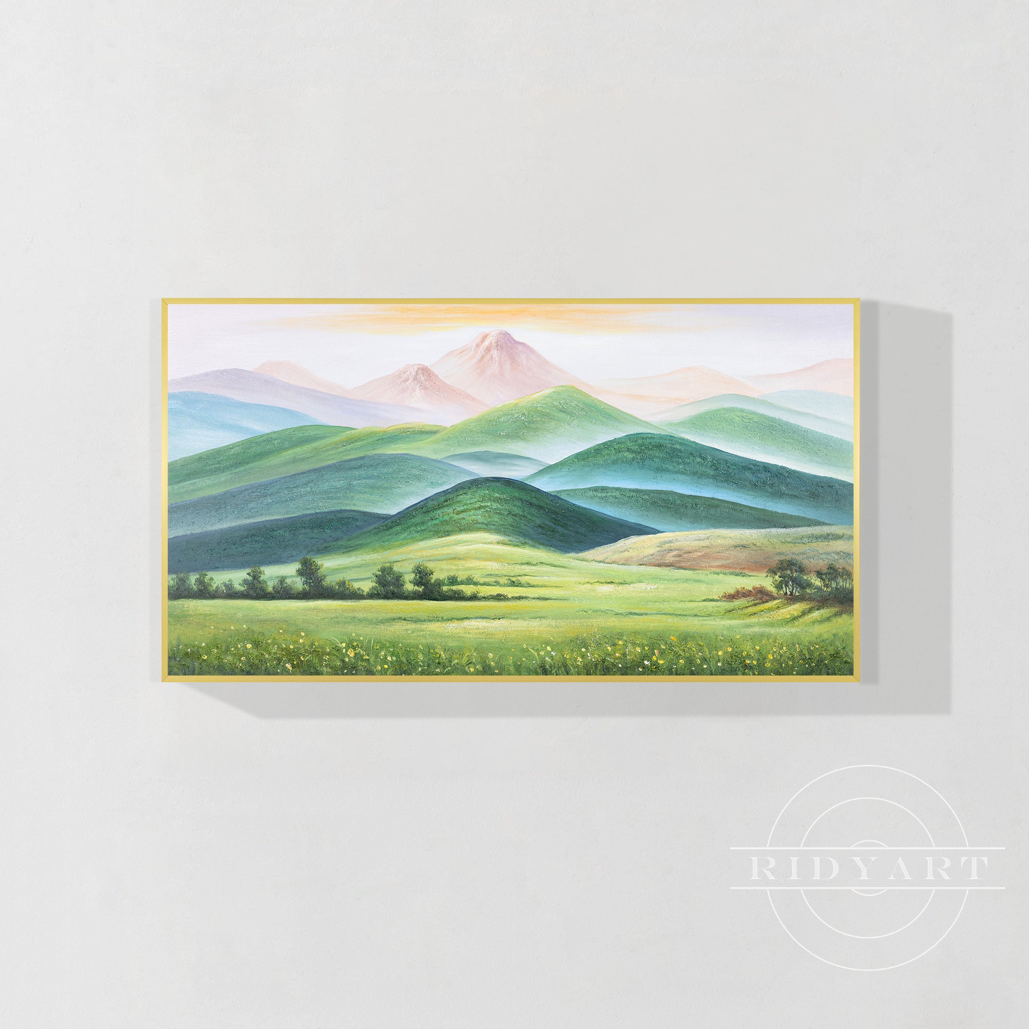 Turquoise blue abstract mountain painting on canvas