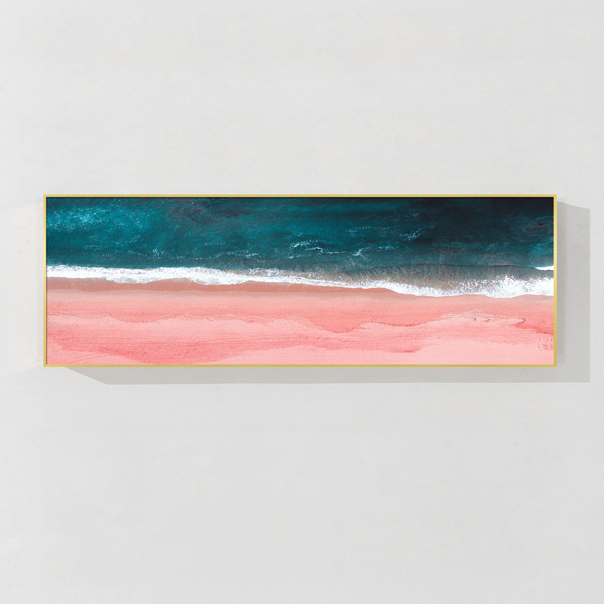 Turquoise blue and pink abstract ocean wall art for modern home decor.