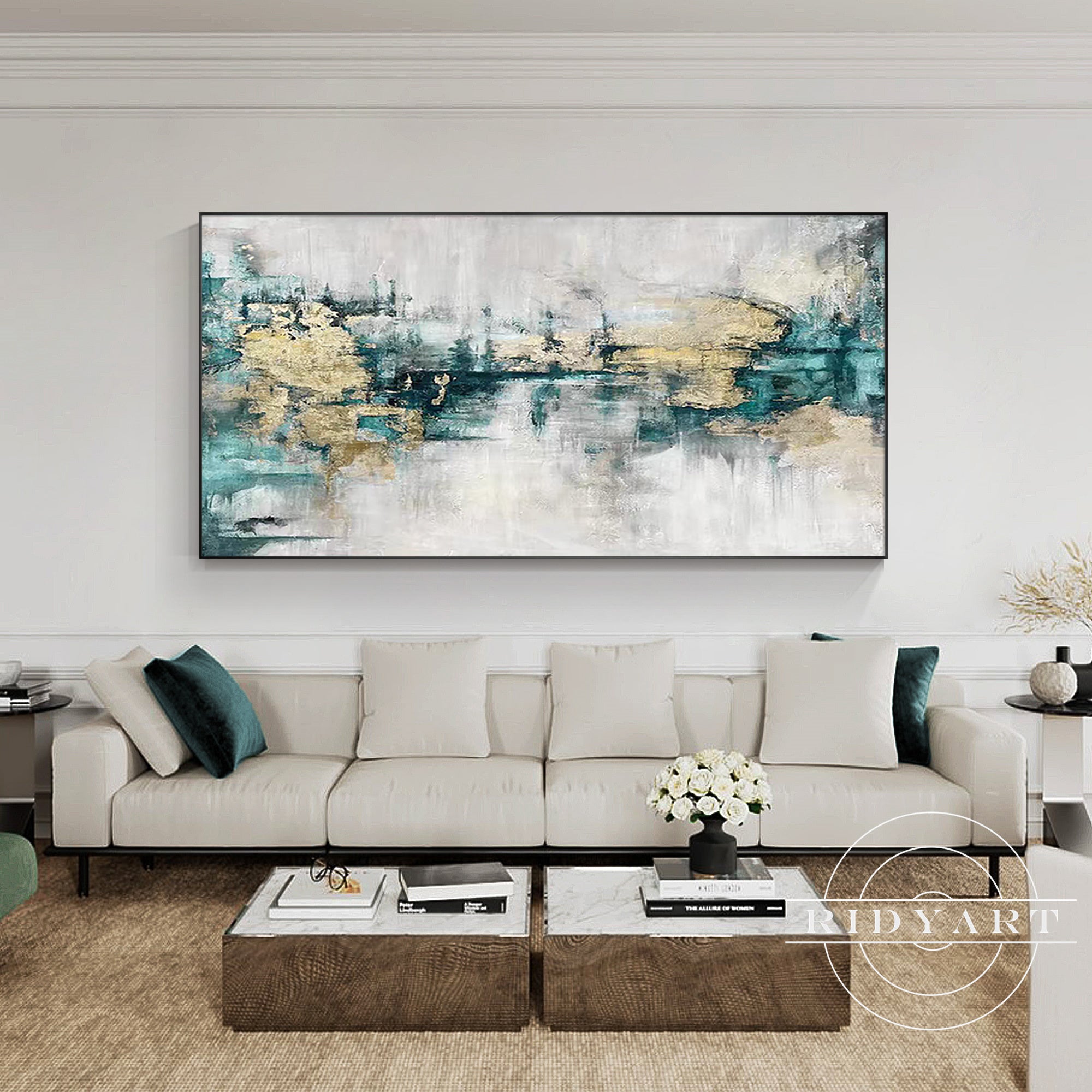 Modern turquoise abstract wall art with metallic gold accents