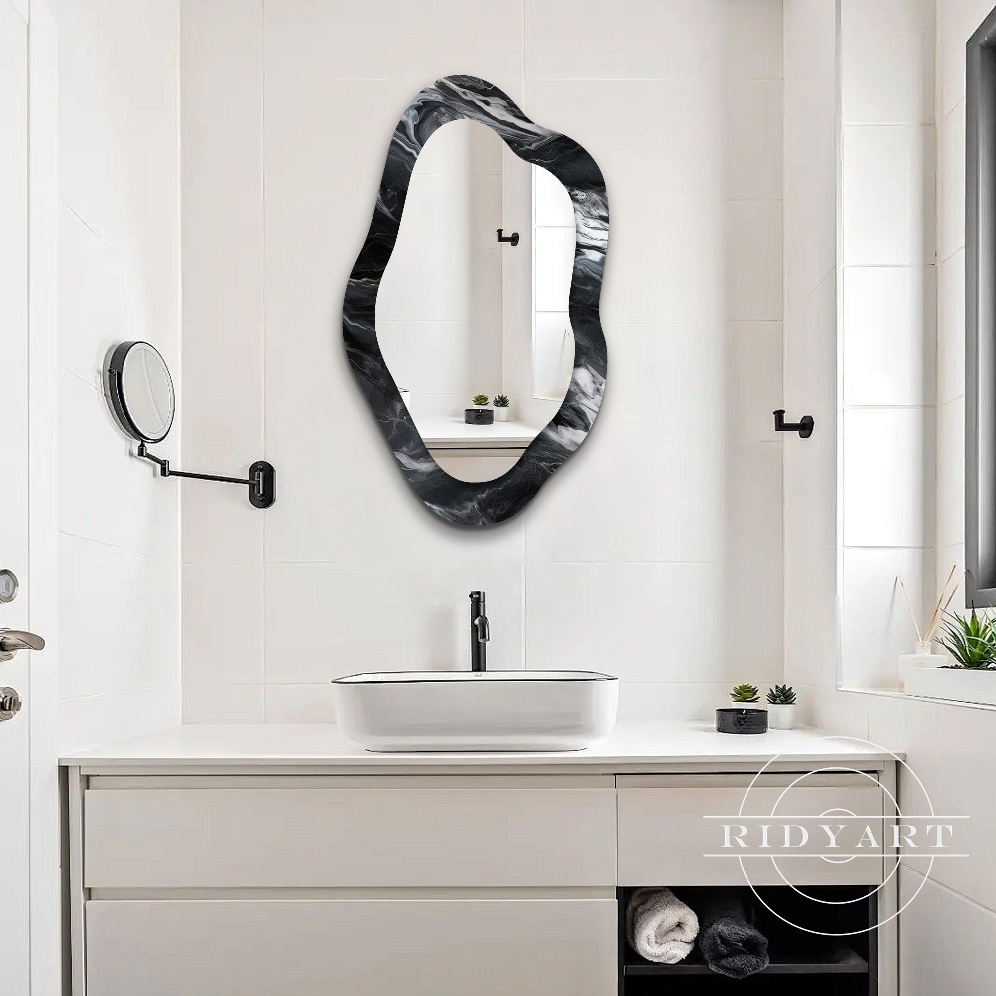 Contemporary wall art mirror with black marble effect