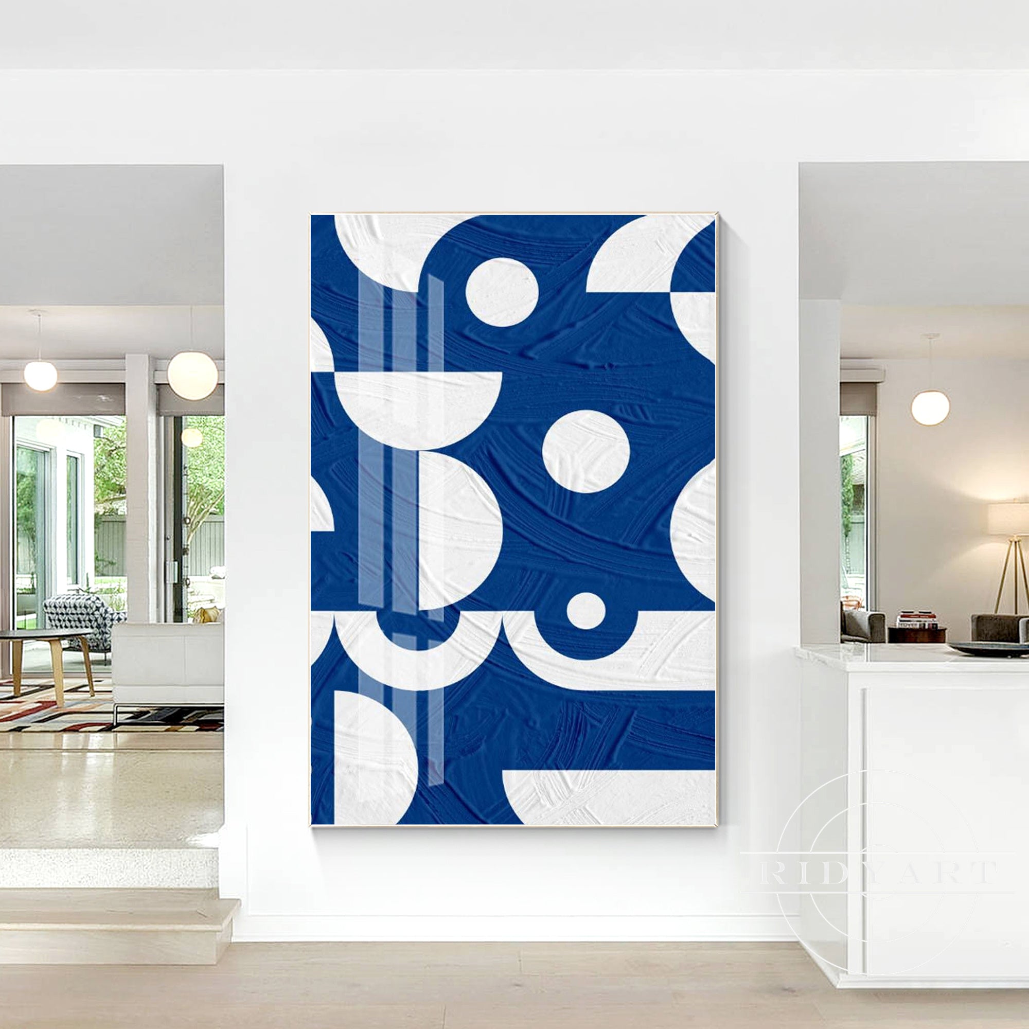 Extra large vertical blue geometric canvas painting