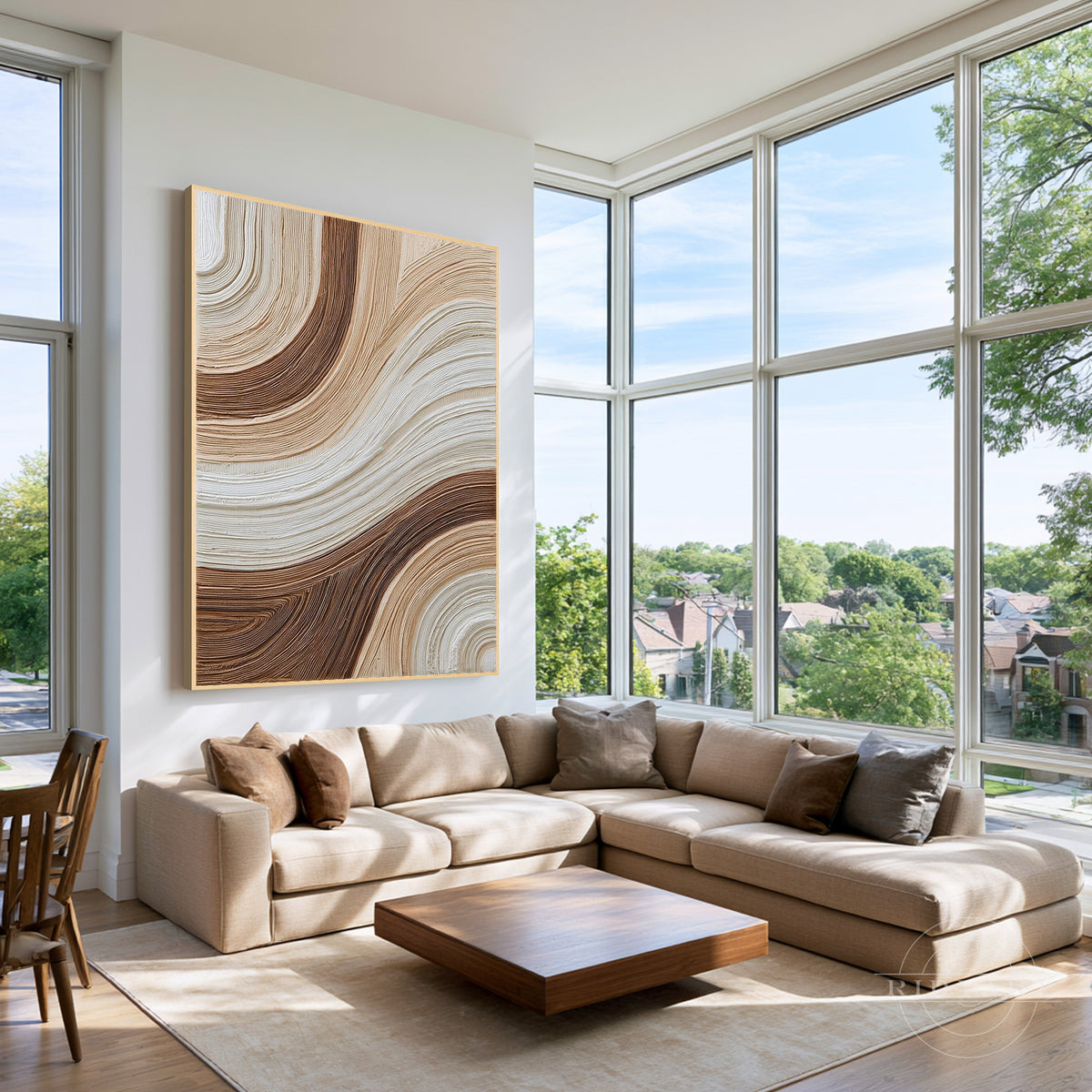 Large vertical 3d plaster abstract wall art featuring beige and dark brown wavy textured lines on canvas.